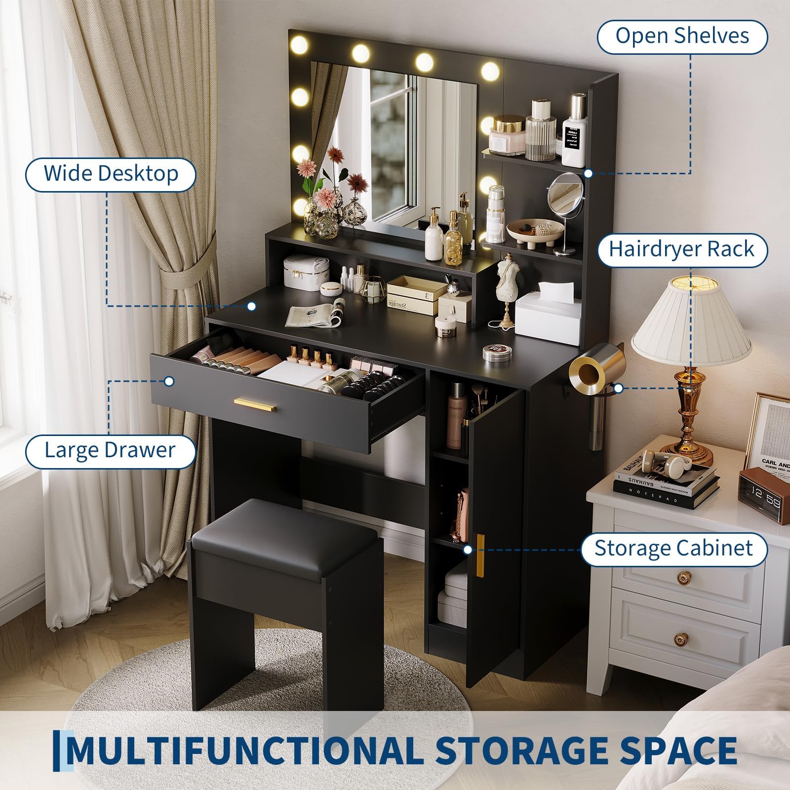 Garvee Vanity Desk with Mirror and Light, Makeup Dressing Table with Large Drawers and 3-Level Storage Dresser, 3 Lighting Modes Adjustable Brightness, Modern Vanity Set for Bedroom, Black