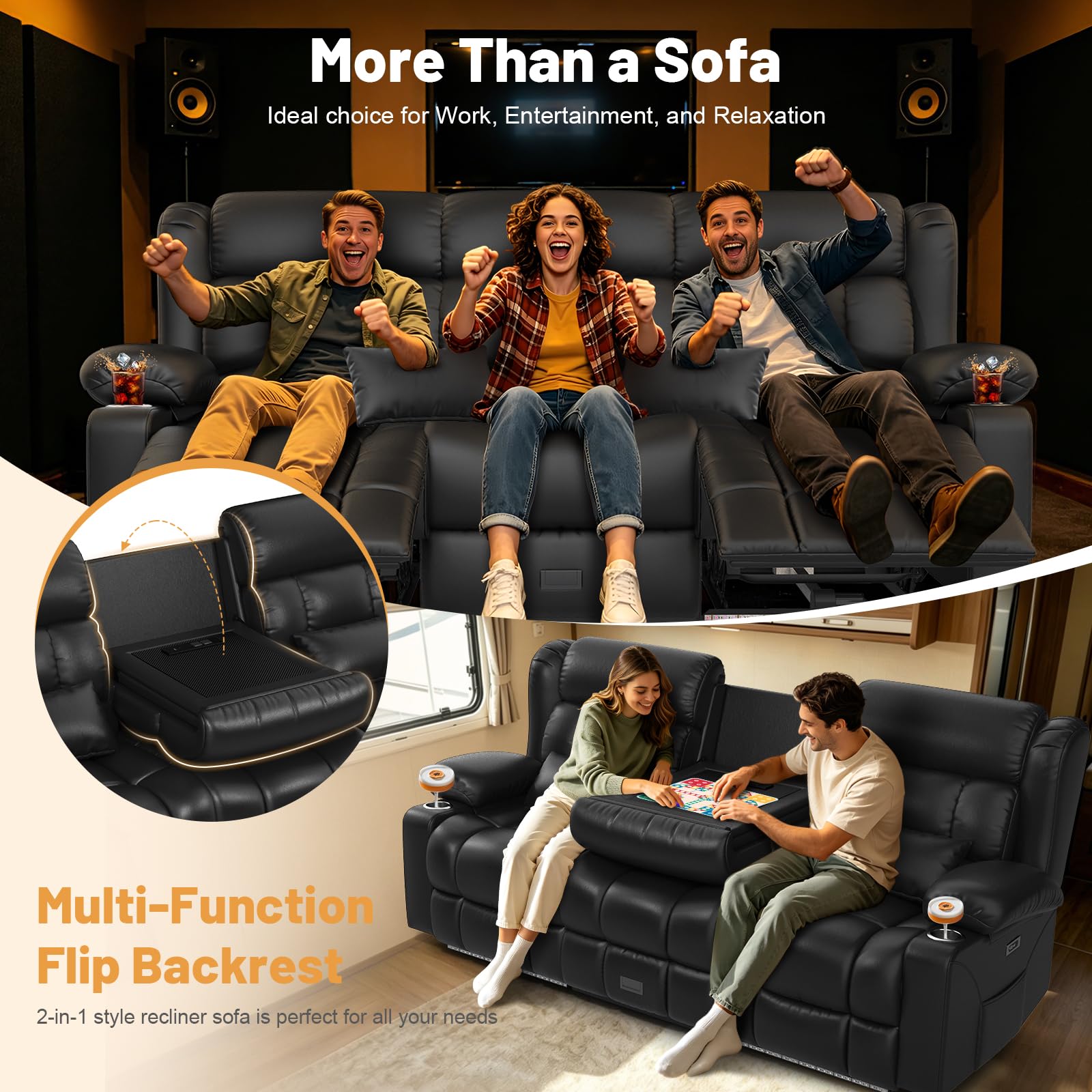 Dresegmt Power Loveseat Recliner Sofa, Wall Hugger RV Reclining Loveseat Couch with Flip Middle Backrest Design, Large Storage Drawer, Power Home Theater Seating with Pillow, LED Light, Outlet (Black)
