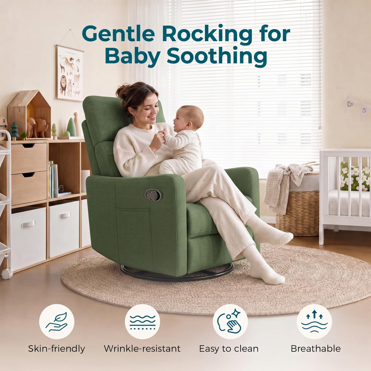 cinkehome Small Swivel Rocker Recliner, Manual Glider Chair for Nursery