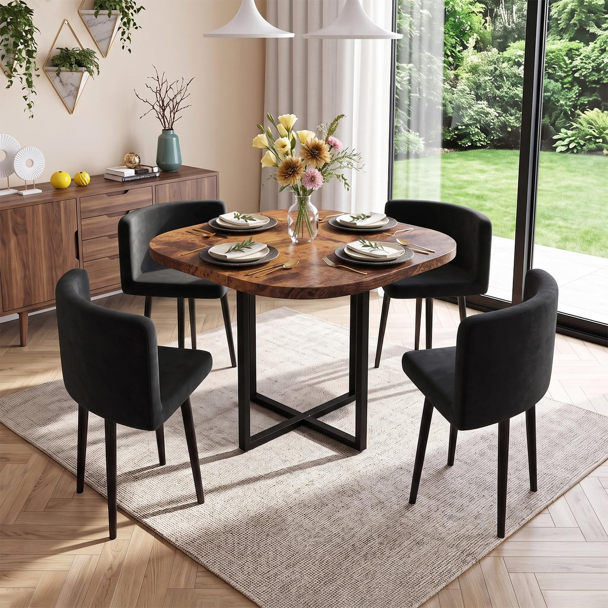 35.4" Square Dining Table with Rounded Corner, Brown Table ＆ Black Chairs