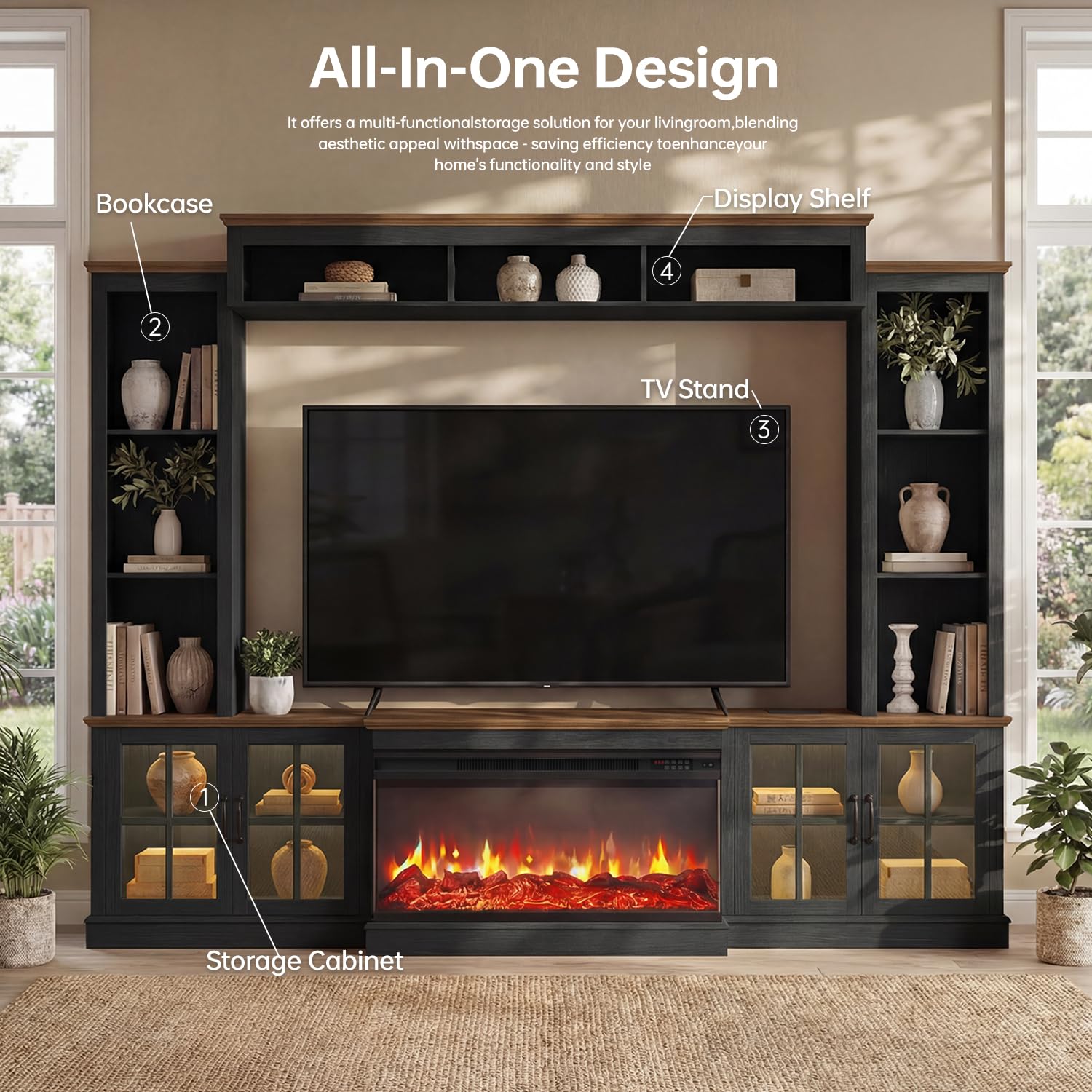 Nordivale 98" Farmhouse Fireplace TV Stand Entertainment Center with Bookshelf, Wall Unit Media Console with Power Outlets & Barn Doors, Fits TVs up to 75" for Living Room, Black