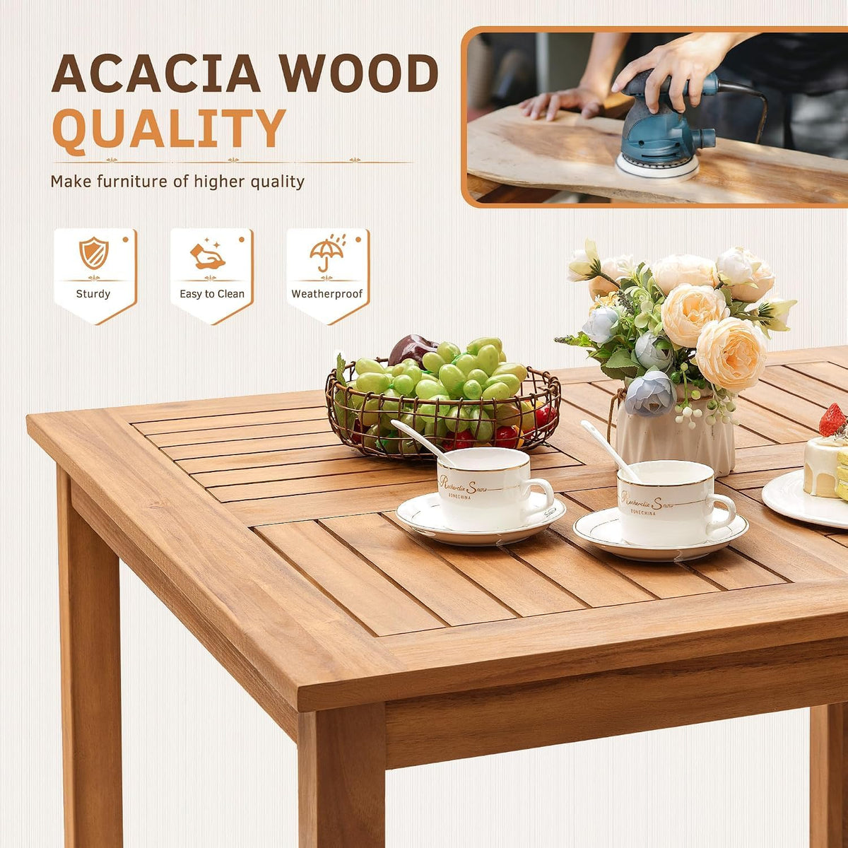 Greesum 5 Pieces Acacia Wood Patio Dining Set, Outdoor Table & Chairs