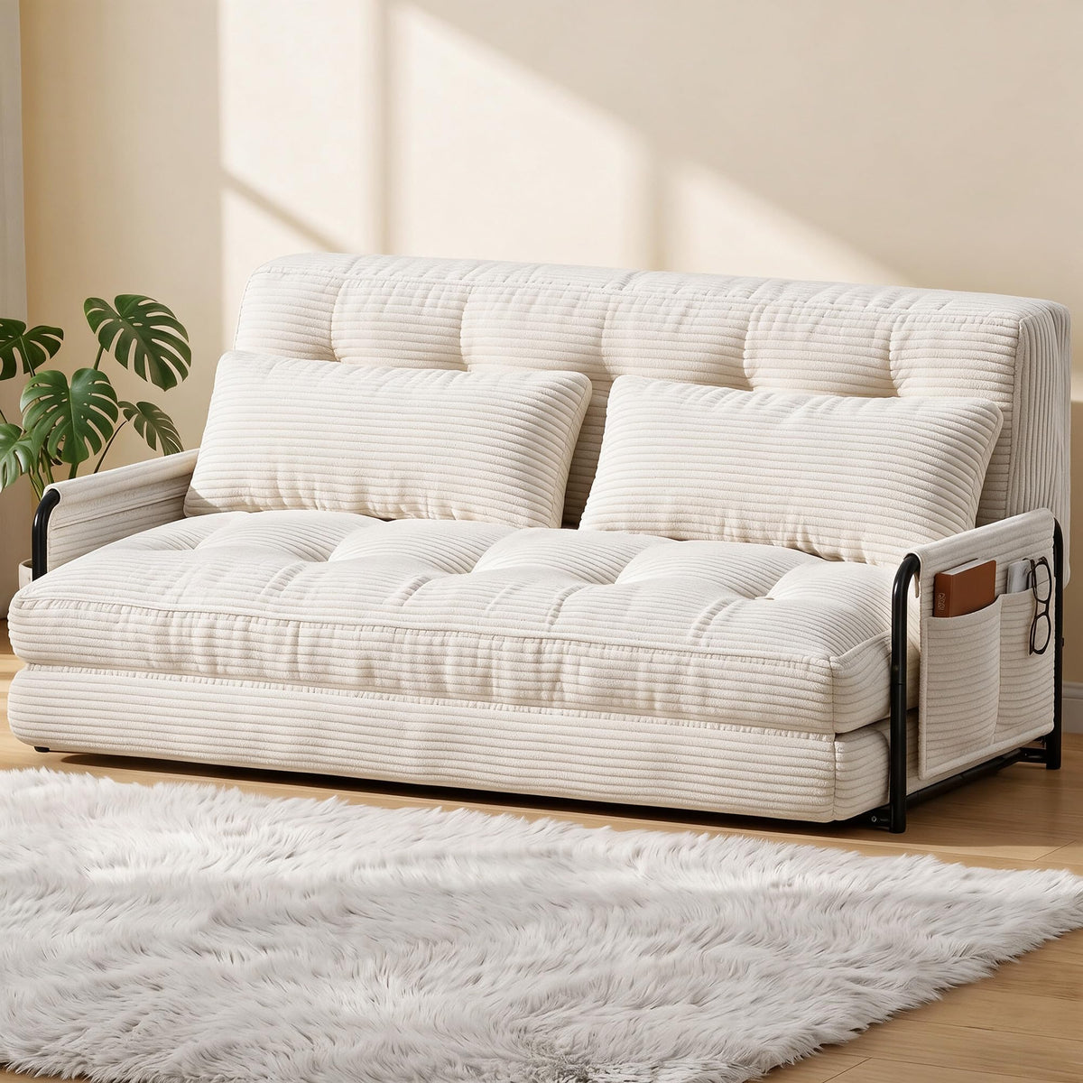 Mr IRONSTONE Folding Sofa Bed Couch with 2 Pillows, 2-Person Convertible Futon Floor Sofa Recliner with Armrests, Foldable Sleeper Couch for Living Room, Bedroom, Dorm, White