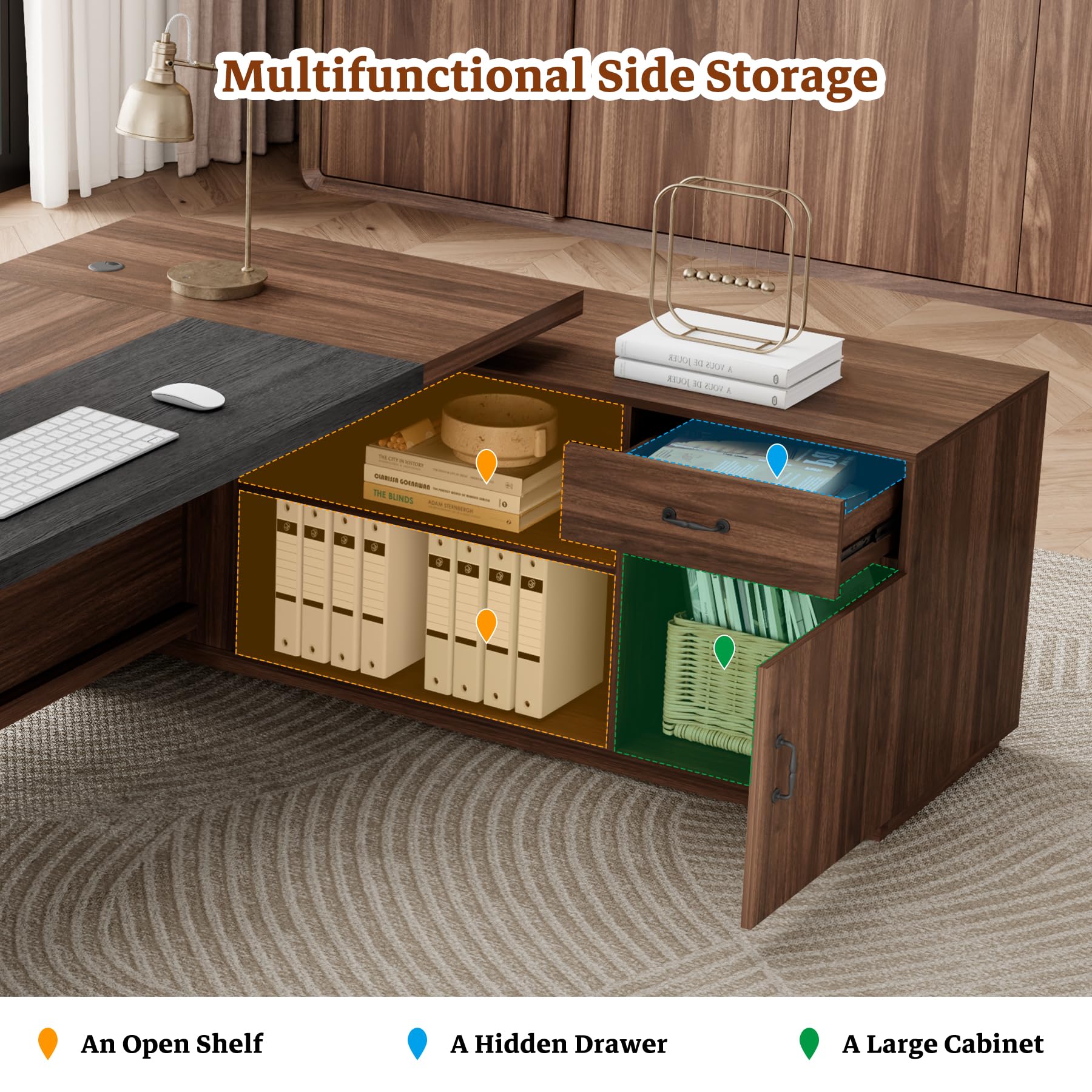 L-Shaped Executive Desk with Drawer & File Cabinet