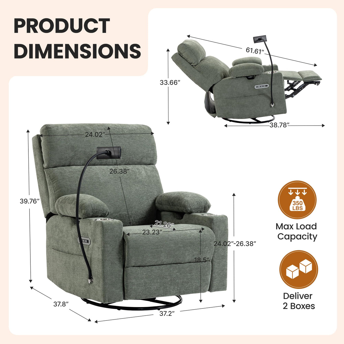 FiveWillowise Power Rocking Chair Nursery with Adjustable Arms&Headrest