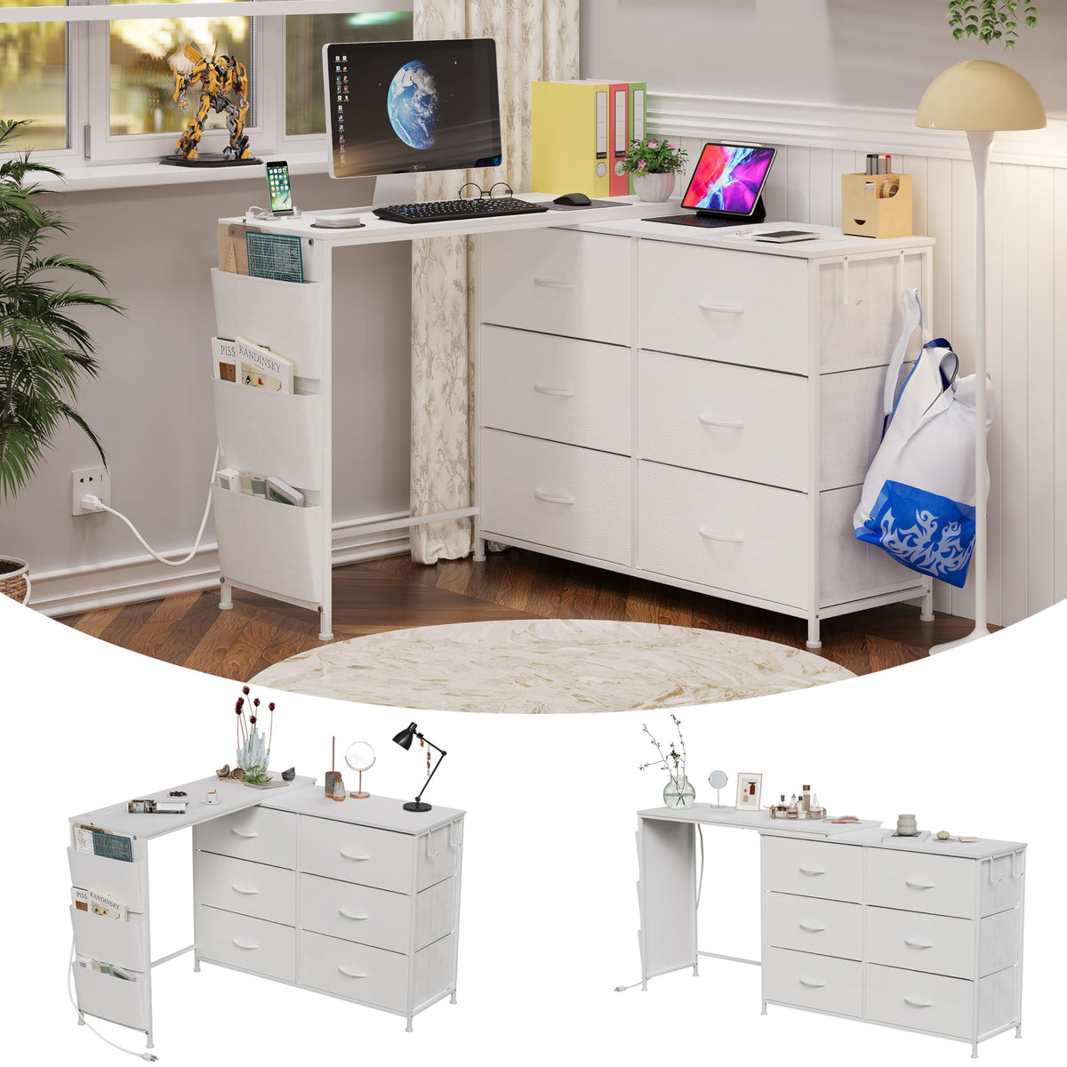 Corner Vanity Desk with 6 Drawers