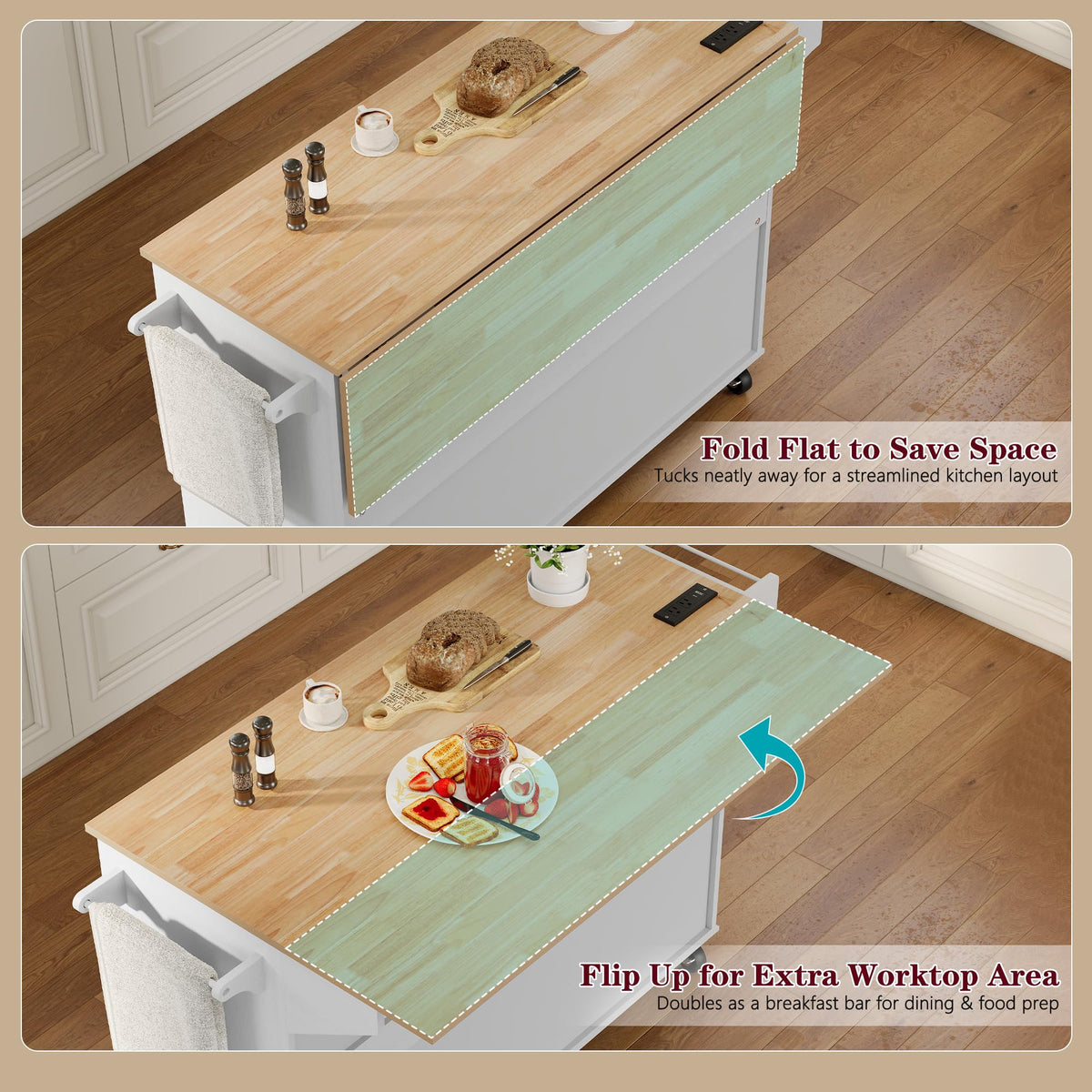 HLR 60" Kitchen Island with Trash Can Storage, Large Mobile Kitchen Island