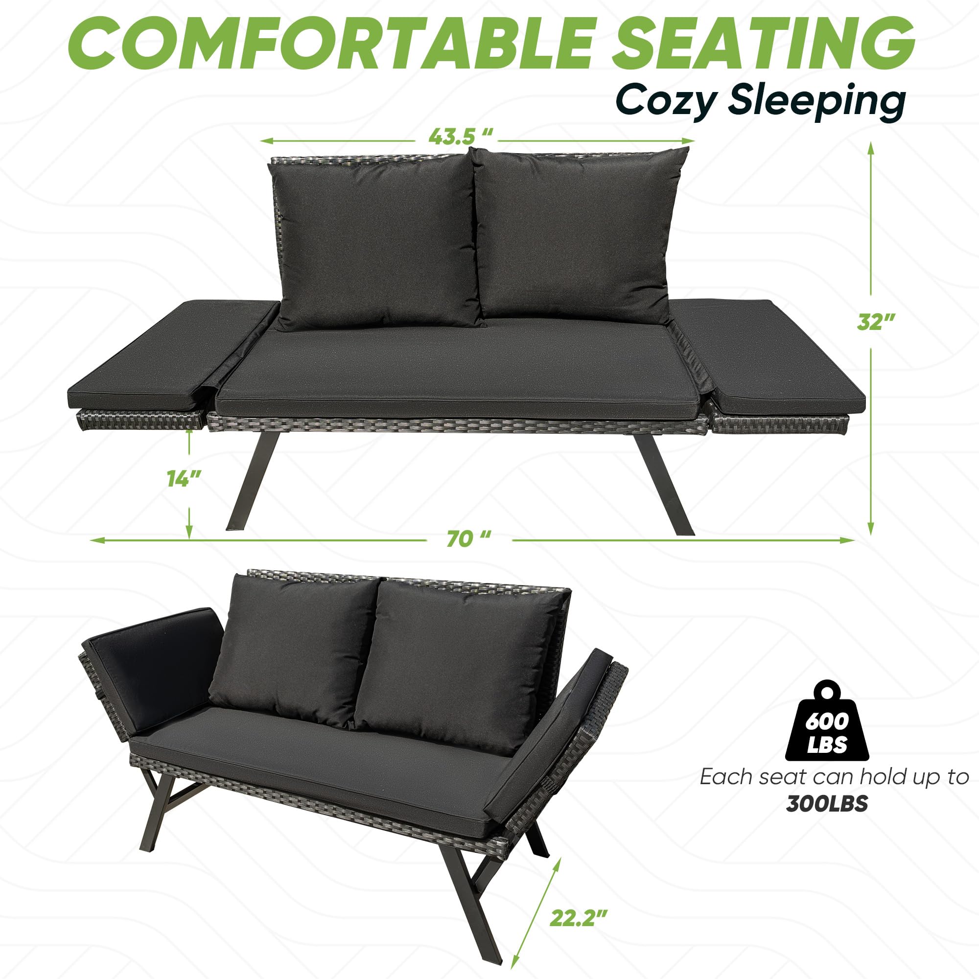 Outdoor Convertible Rattan Sofa Bed with Adjustable Armrests