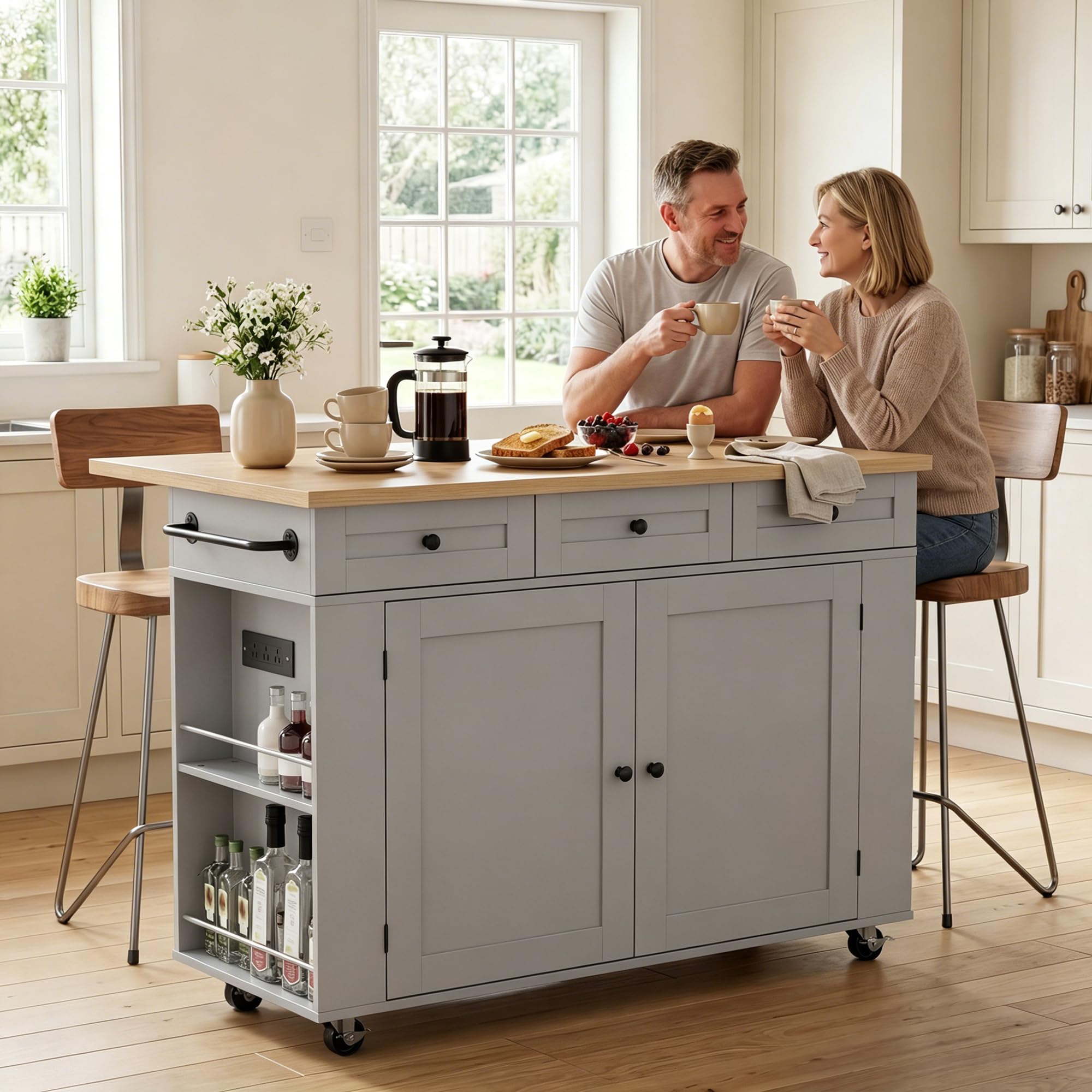 Rolling Kitchen Island with Drop Leaf & Charging Station
