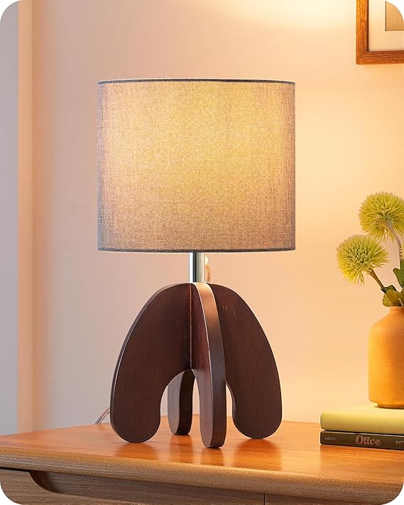 Wood Bedside Table Lamp with Linen Shade