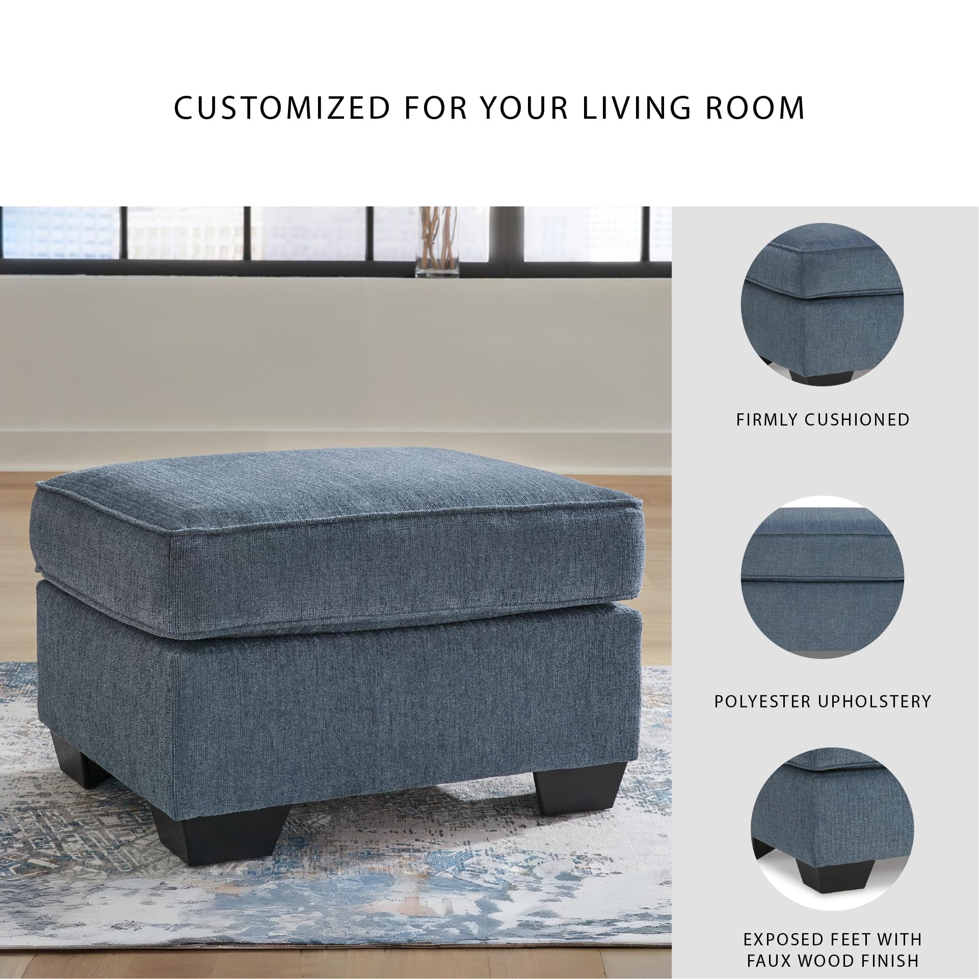 Signature Design by Ashley Cashton Contemporary Accent Ottoman with Faux Wood Finished Exposed Feet, Foam Cushion, Crosshatched Upholstery, 30" by 24", Blue