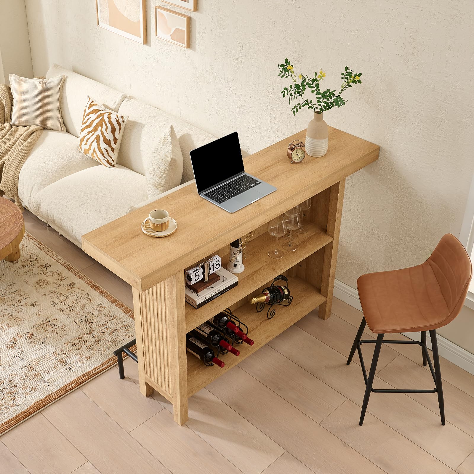Okvnbjk 63-Inch 2-Tier Bar Table with Footrest, Coffee Bar Cabinet, Large Counter Height Pub Table Storage Shelf Home Bar Unit for Kitchen, Bistro, Dining Room, Living Room (Oak)