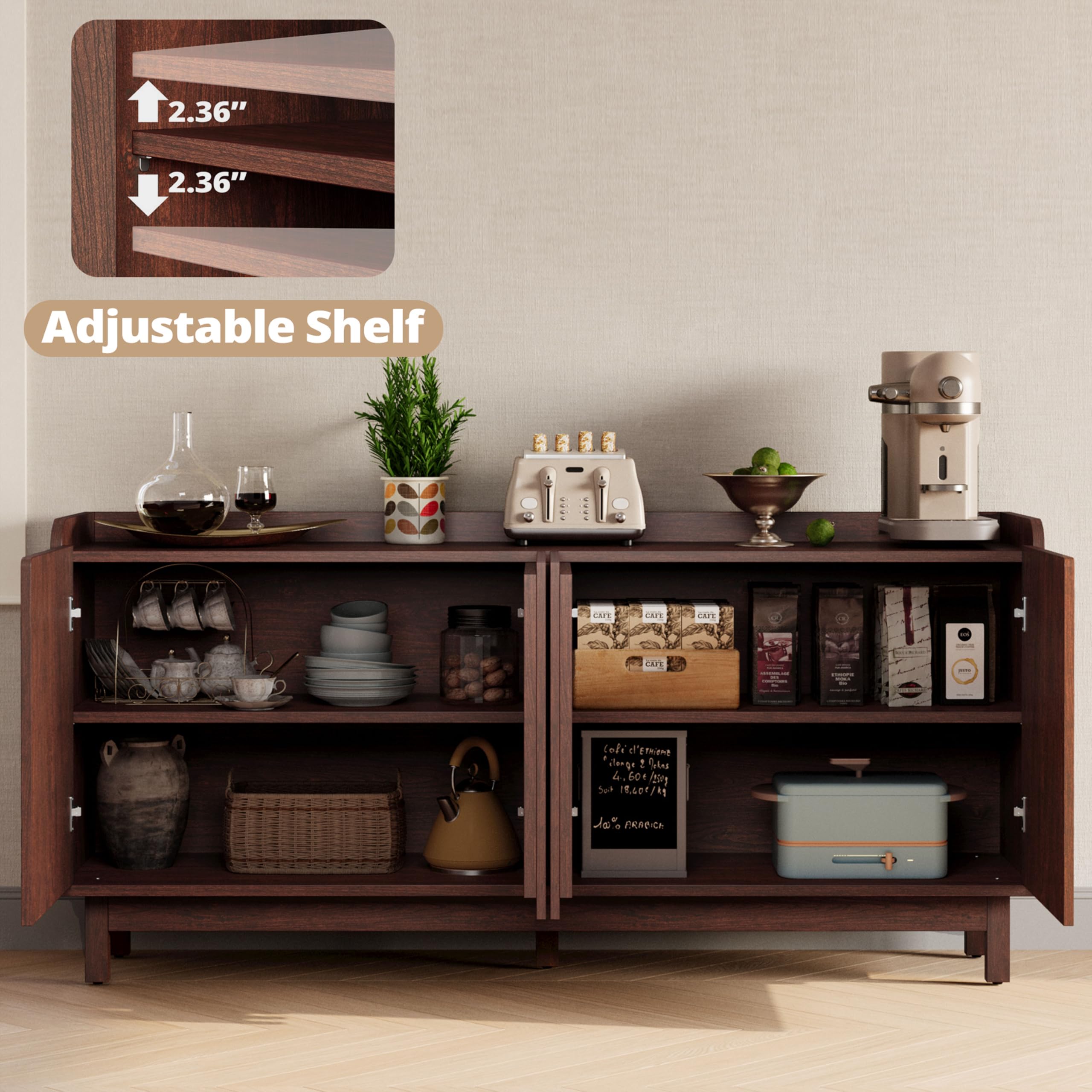 IRONCK 63" Storage Cabinet, Buffet Cabinet with Grille Doors and 2 Adjustable Shelves, Mid Century Sideboard for Kitchen, Dining Room, Entryway（Natural Red Walnut）