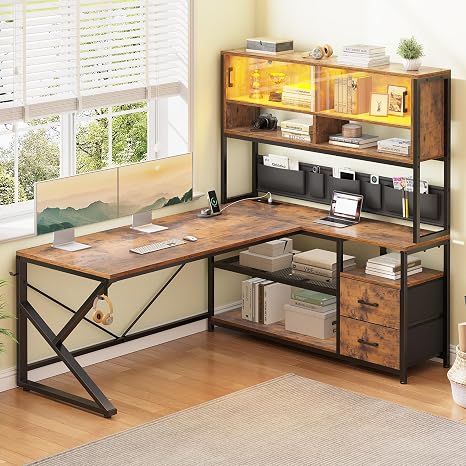 SEDETA L Shaped Gaming Desk, Home Office Computer Desk with 2 Drawer and Bookshelf, L Shaped Gaming Corner Desk with LED Light, Glass Cabinet,Storage Bag and Storage Shelves, White