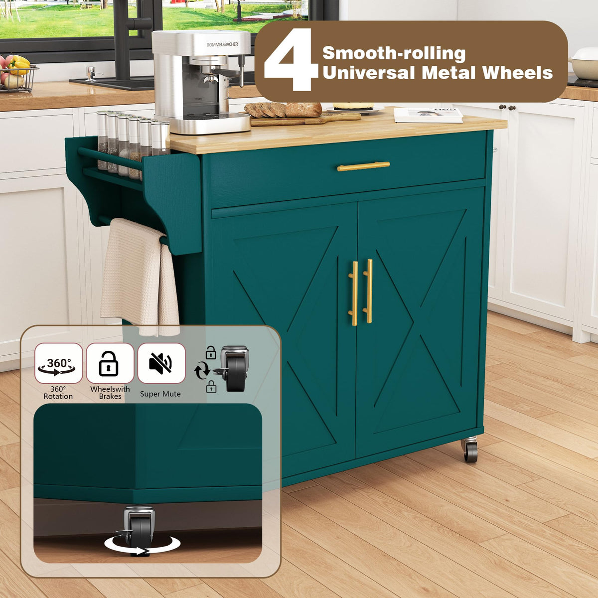 Chireca Kitchen Island with Storage, Rolling Island Table with Drop Leaf