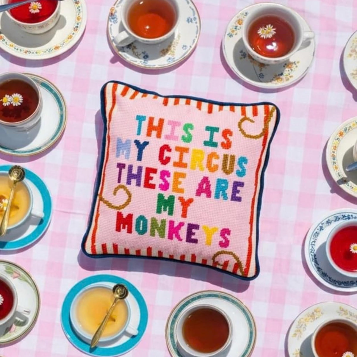 FURBISH This is My Circus These are My Monkeys Needlepoint Pillow