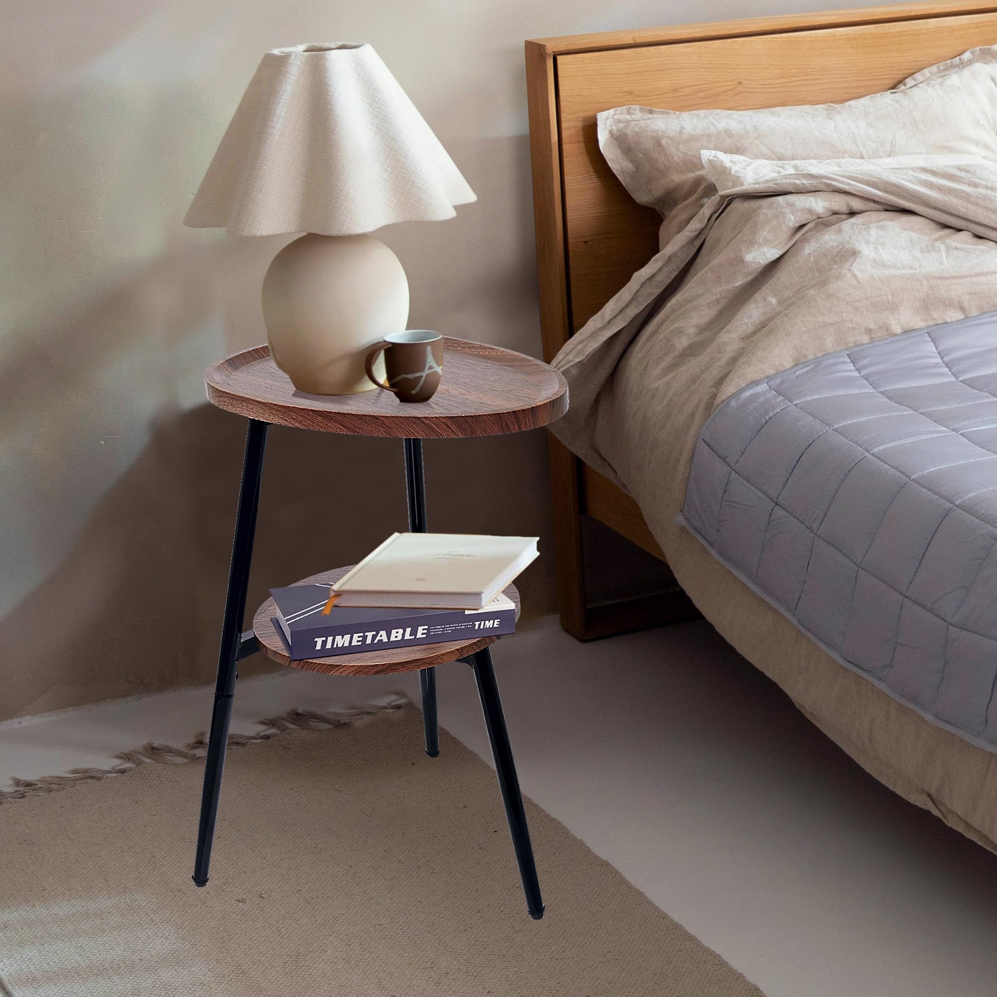GUPZTY Side Table Small End Table, Oval Round Wood Sofa Table, 2 Tier Accent Table Nightstand Bedside Table with Metal Frame for Living Room, Bedroom, Small Spaces (Rustic Brown)