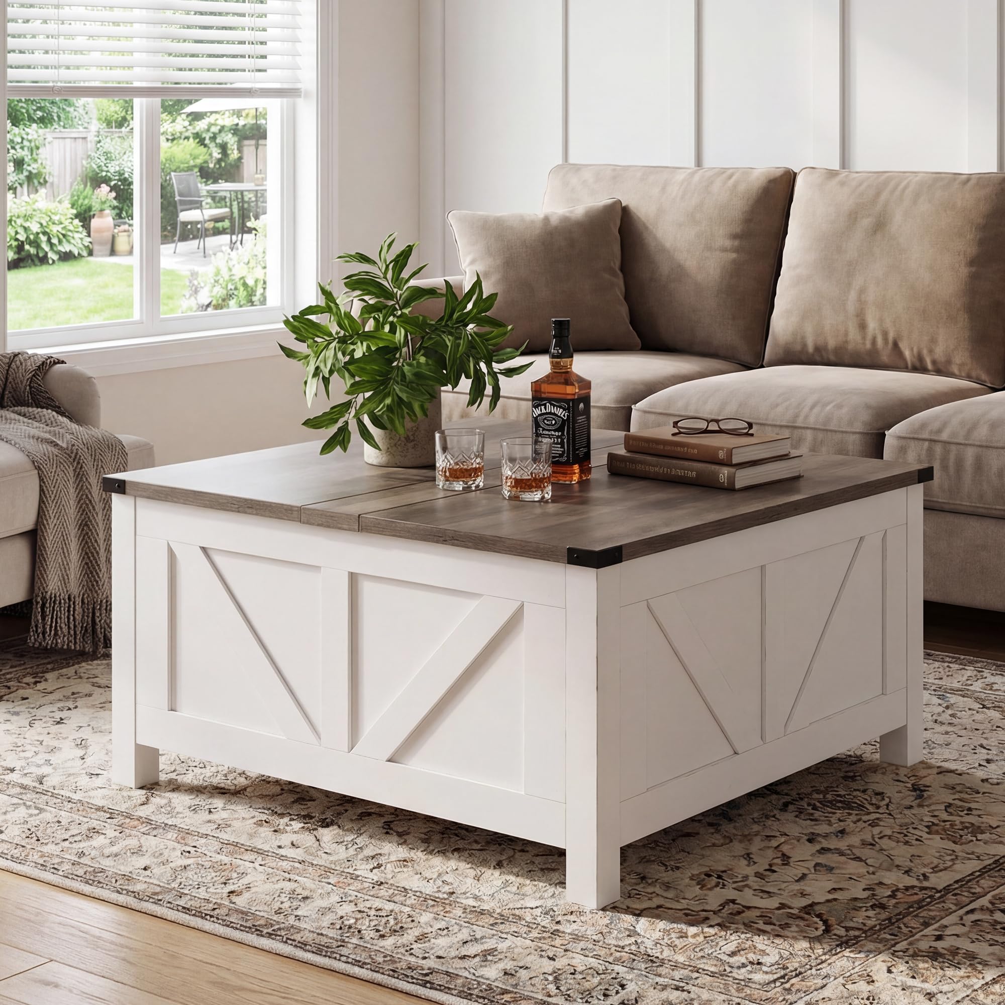 QUYZE 35” Farmhouse Coffee Table with Large Storage, Rustic Wood Lift Top Coffee Table for Living Room, Square Center Table with Charging Station&USB, Modern Port Pottery Barn Lift top Table