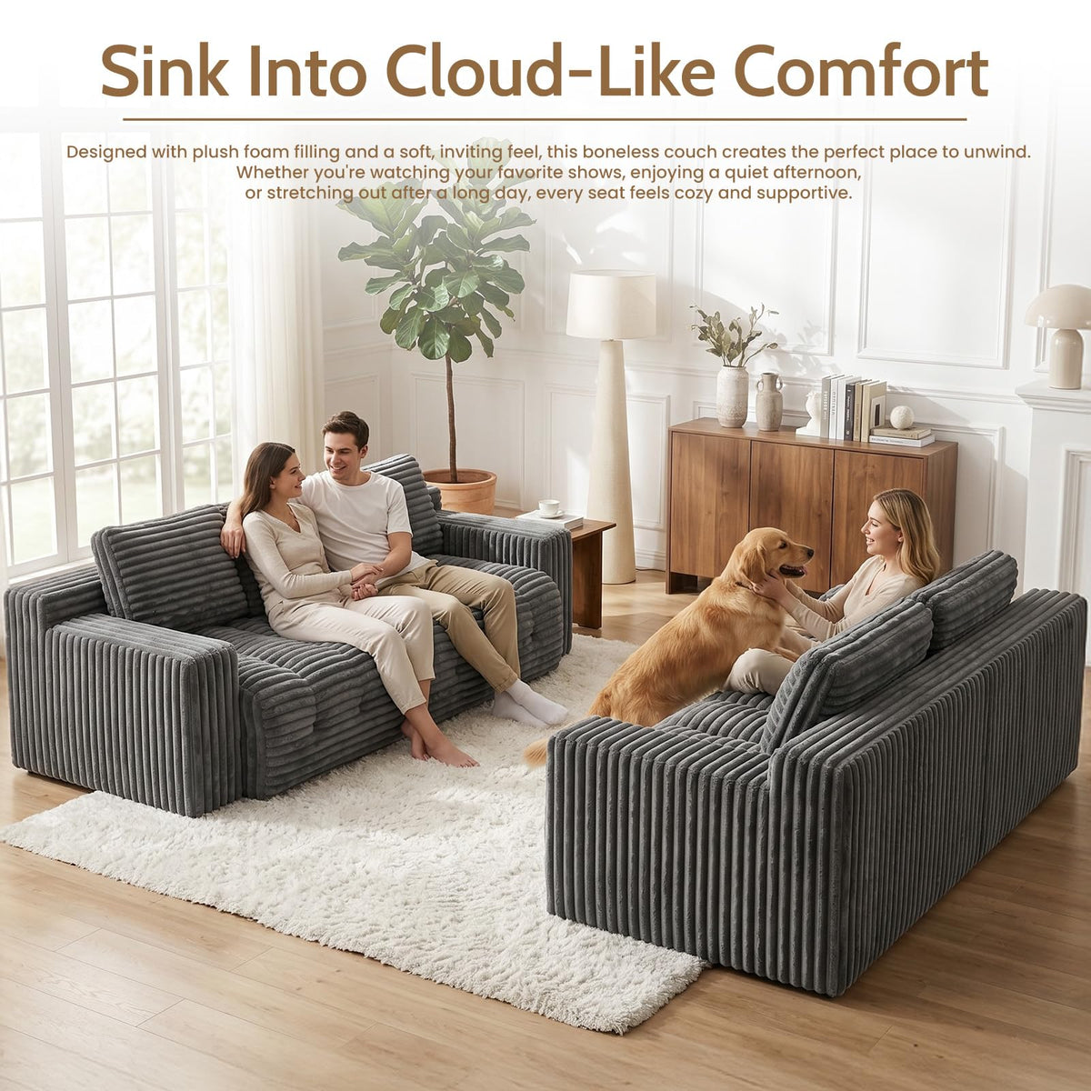 Tykacna 70” Boneless Couch, 3 Seater Sofa Couch with Extra Deep Seats 3 Pillows,Corduroy Modern Small Couch for Living Room, Office, Bedroom, Apartment,Grey