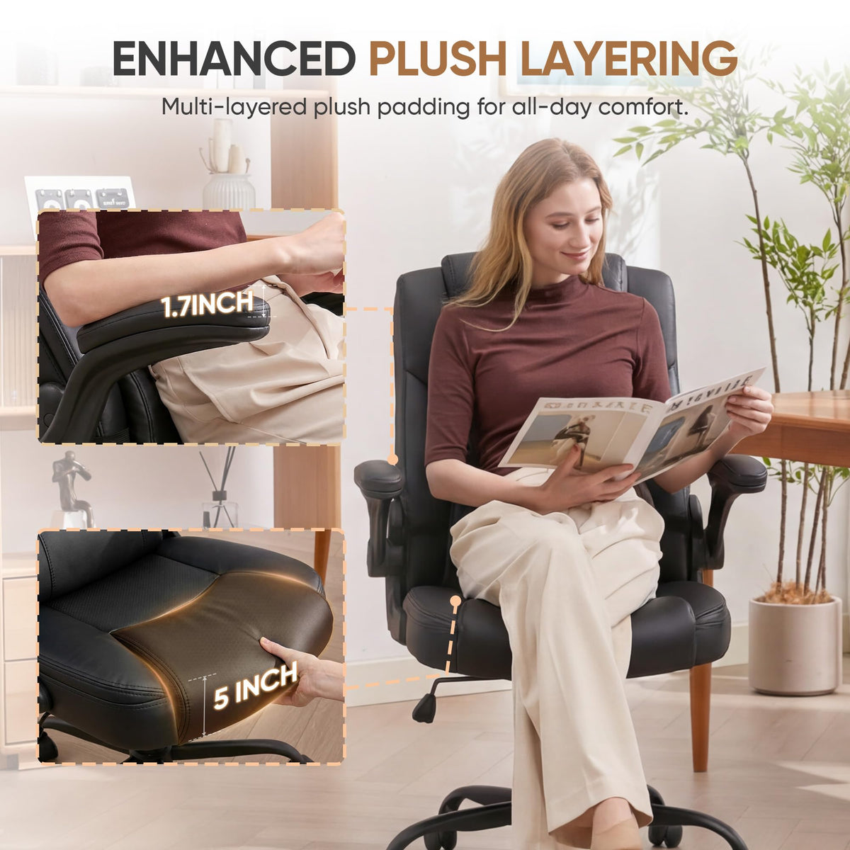 EGSEAT Home Office Chair with Lumbar Support, 5" Thickened Seat, Small PU Leather Rocking Desk Chair, Comfy Computer Chairs with Rolling Wheels & Adjustable Armrests for Adults, Black