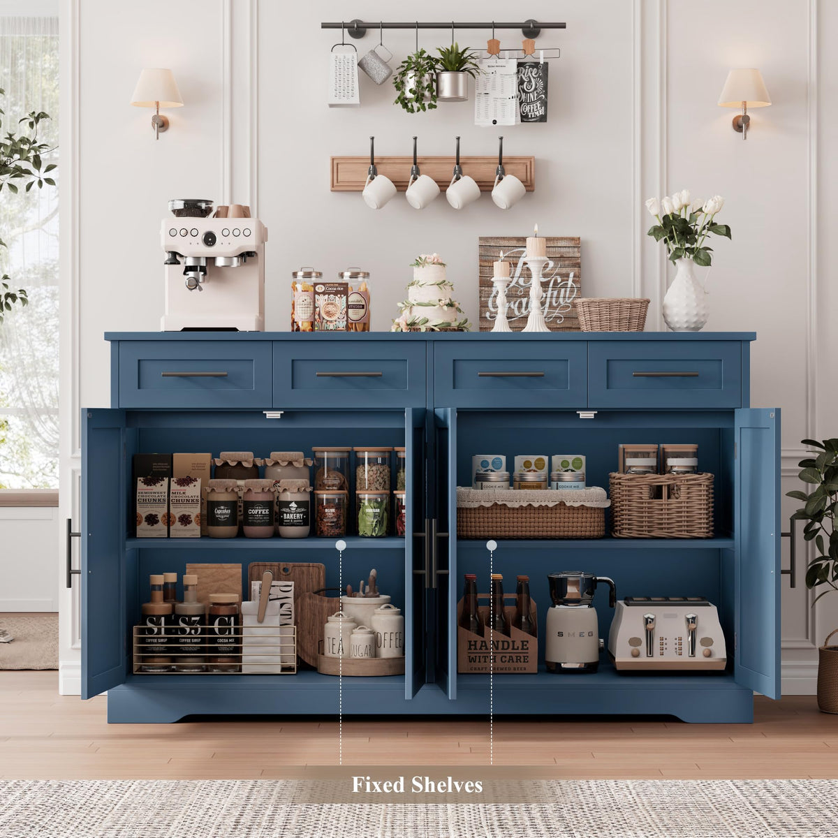 HOSTACK 60" W Sideboard Buffet Cabinet with Storage, Kitchen Cabinet, Blue