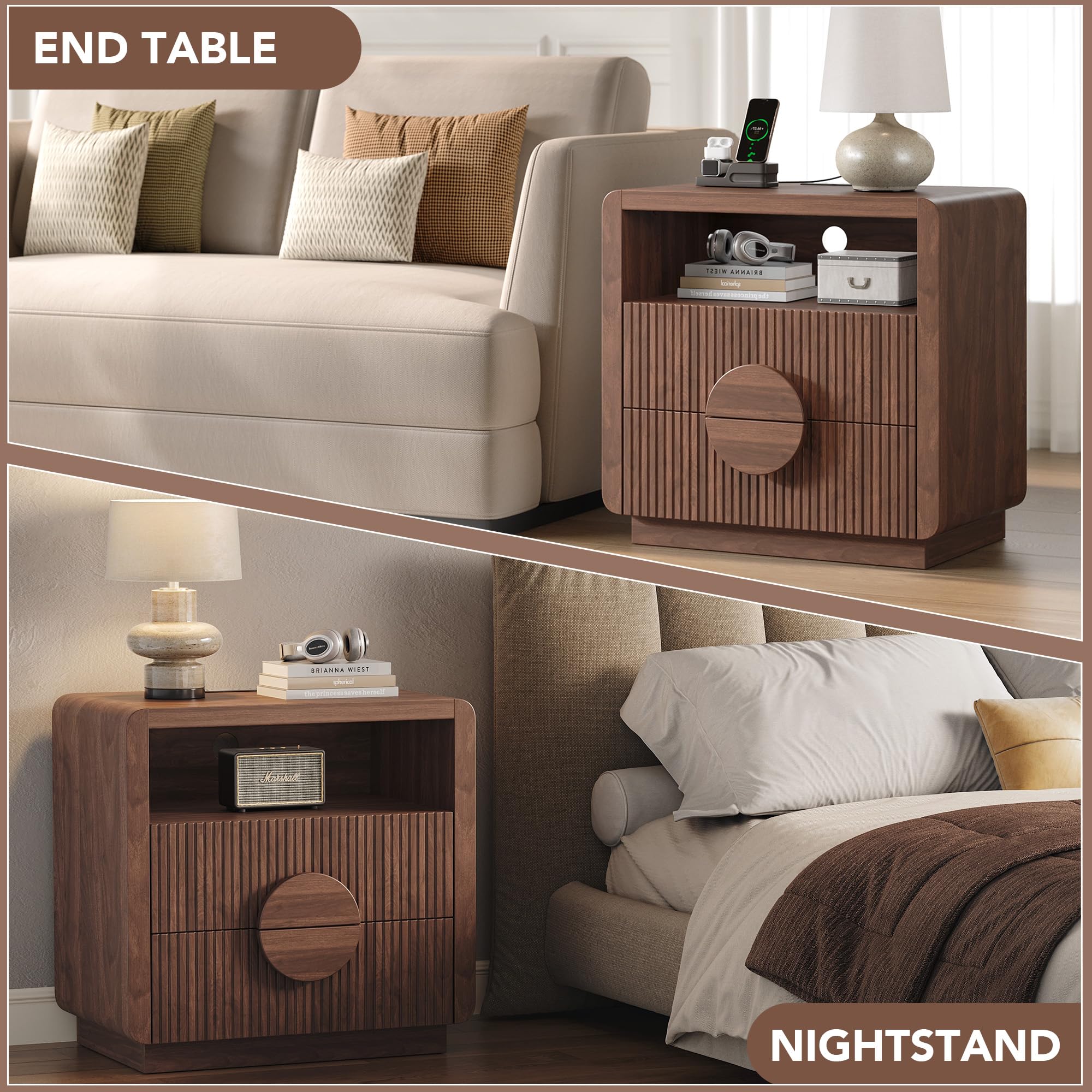 Fluted Nightstand with Charging Station & Storage