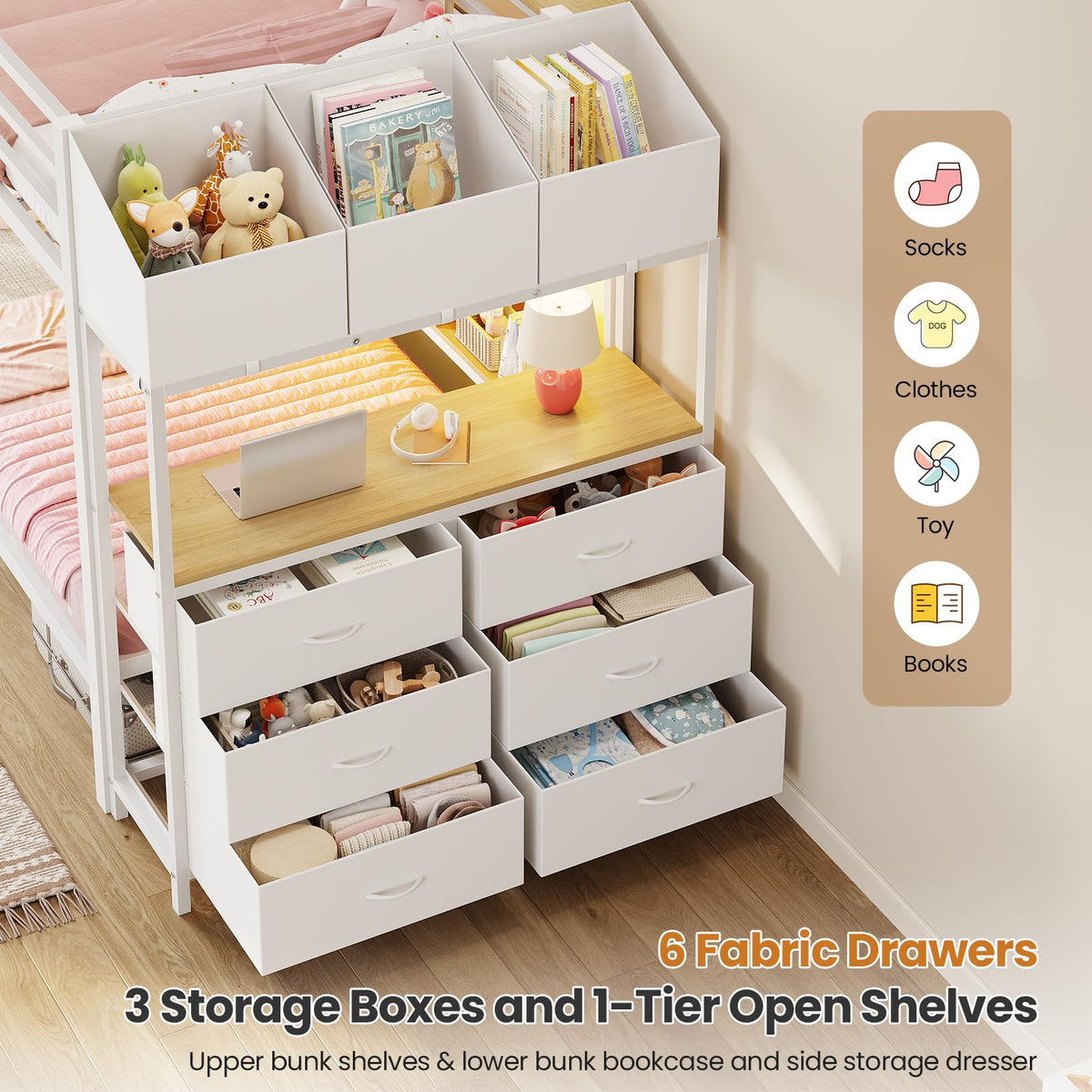 Twin Over Twin Bunk Bed with Storage & LED Lights