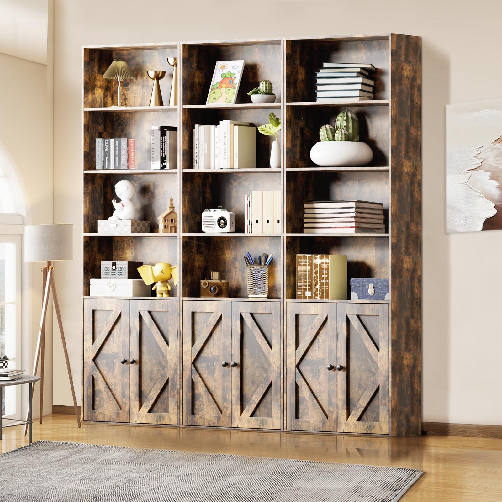 Shoueryaes Bookshelf, 6-Tier Floor Bookcase with 2 Bottom Doors, 9.29"x23.62"x70.86", Storage Cabinet Bookshelves for Home Office, Living Room, Bedroom-Brown