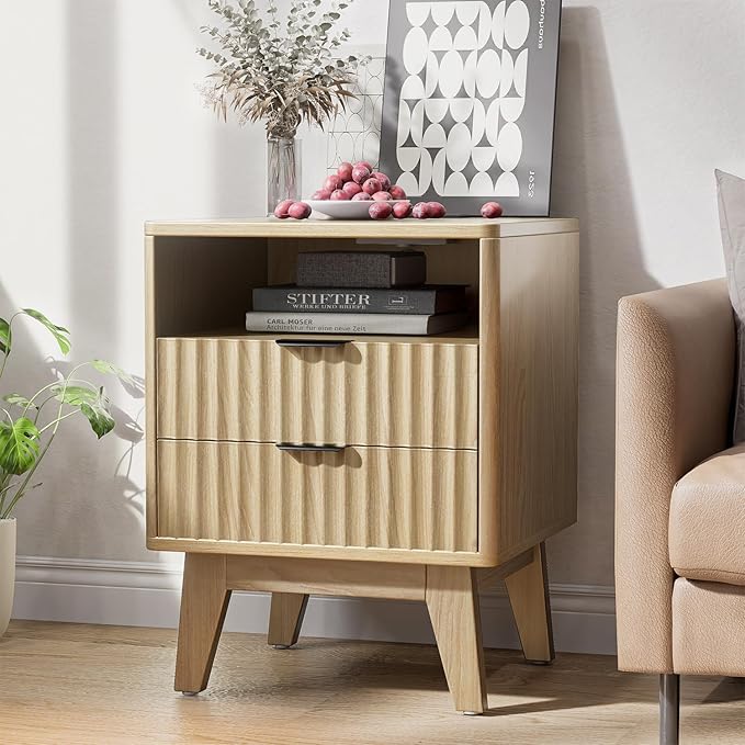 Fluted Nightstand with Charging Station & 2 Drawers