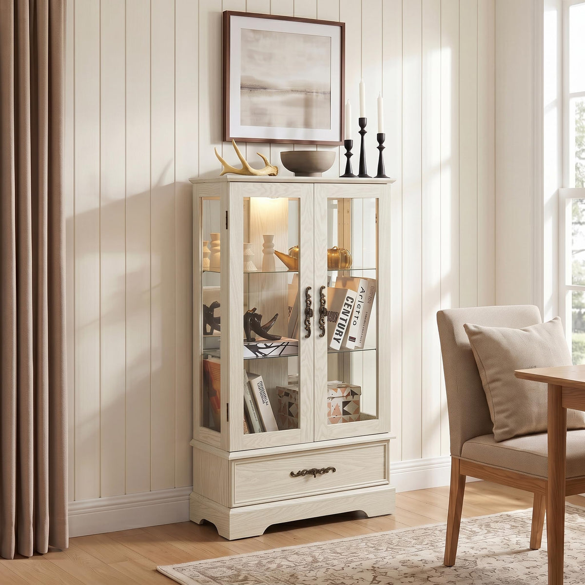 47" Lighted Glass Accent Curio Cabinet, 3-Tier Antique Storage Cage with Adjustable Shelves & Drawer, Acrylic Mirrored Pane, Light Bulb Included, Small China Cabinet for Living Room (Antiqe White)
