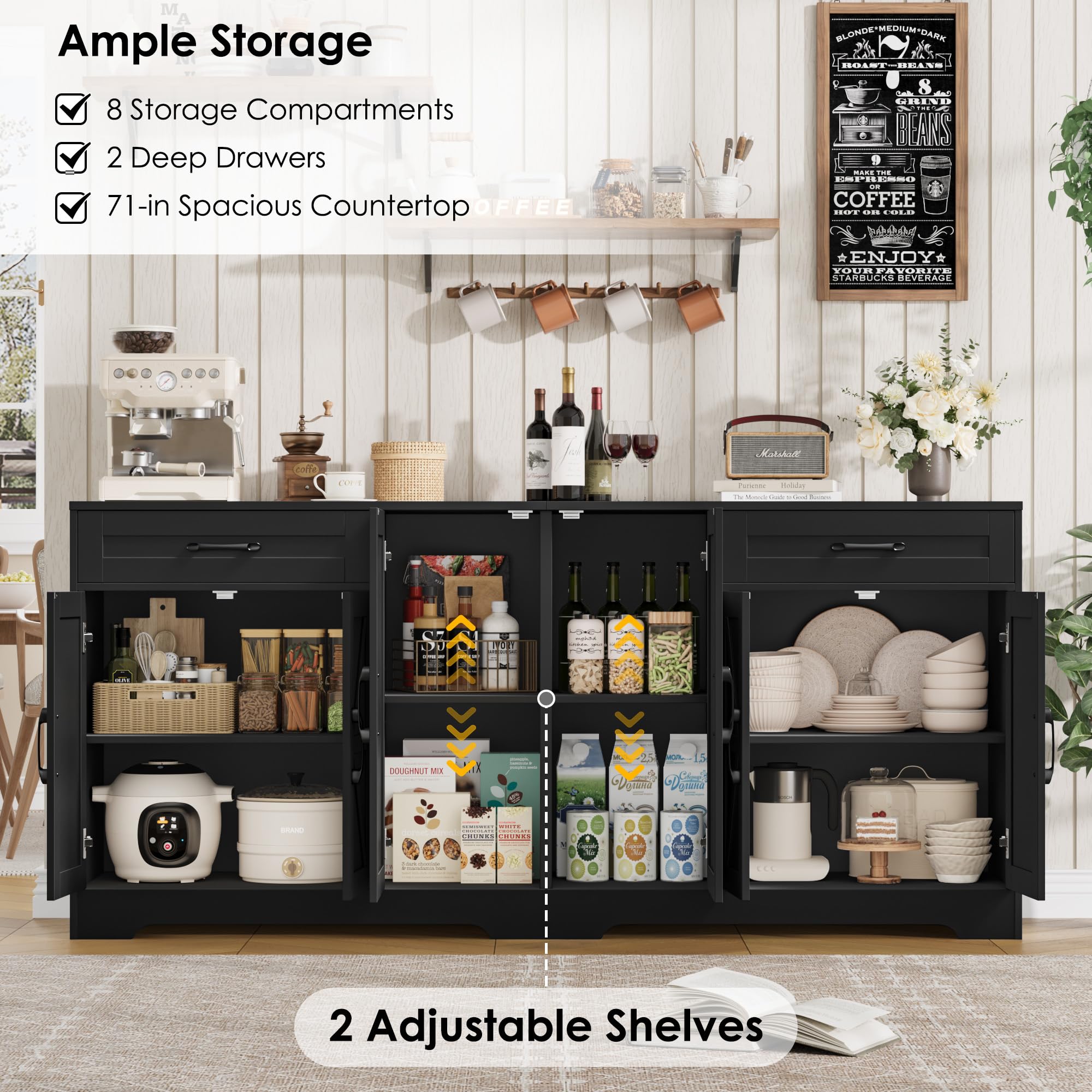 BOTLOG 71” Large Sideboard Buffet Cabinet with Storage, Farmhouse Kitchen Buffet Cabinet with Adjustable Shelves and 6 Barn Doors, Wood Coffee Wine Bar Console Table for Kitchen, Dining Room, Black