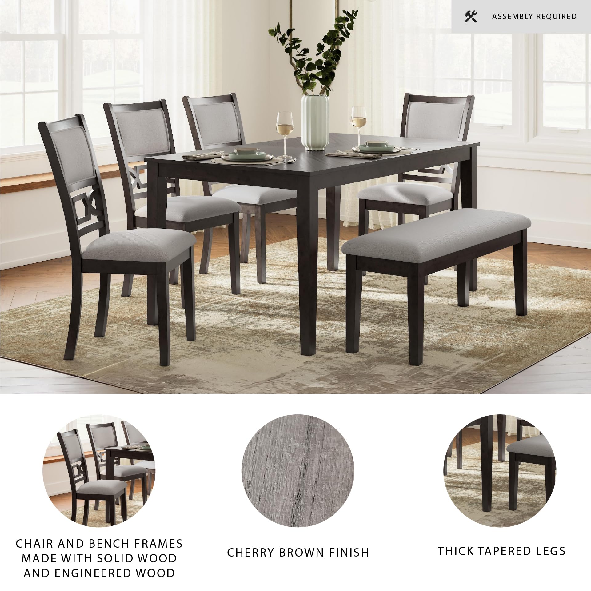 6-Piece Dining Table Set with Bench & Upholstered Chairs