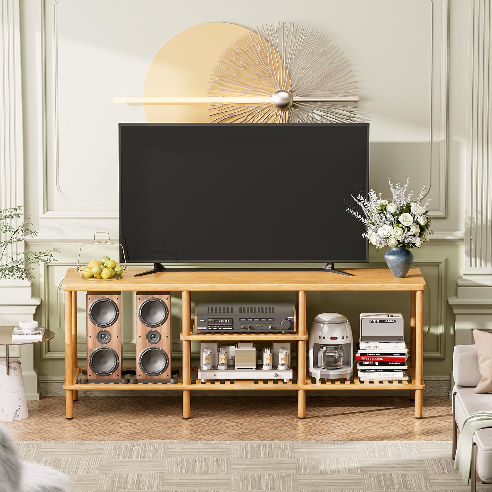 Bamboo TV Stand with 3-Tier Open Storage Shelf