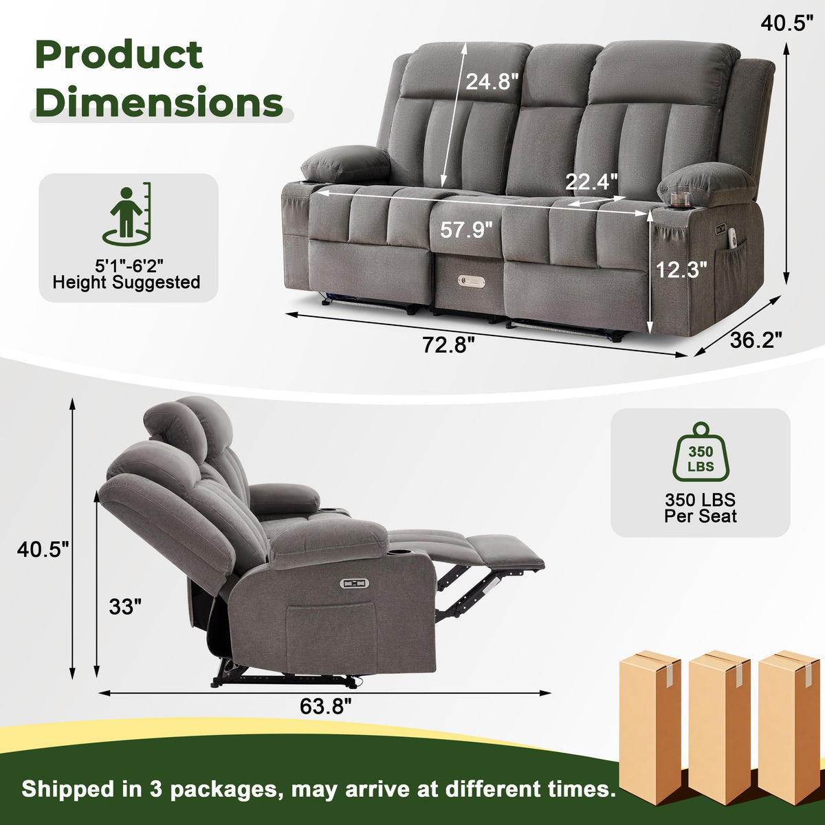 Power Loveseat Recliner Sofa with Massage & Heat, Flip Backrest, Grey