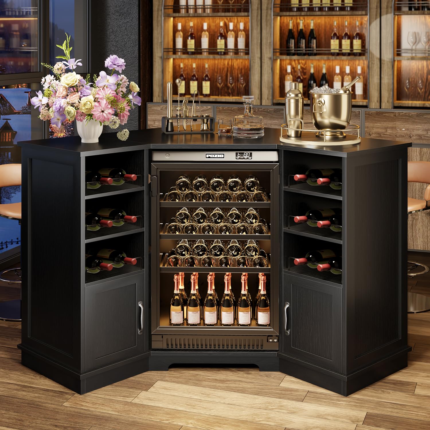 HSH Corner Bar Cabinet with Mini Fridge Space, Modern Wood Bar Cabinet with Wine Racks & Storage Doors, Large Liquor & Wine Cabinet for Kitchen Living Room Home Bar, Black Oak, 40 Inch
