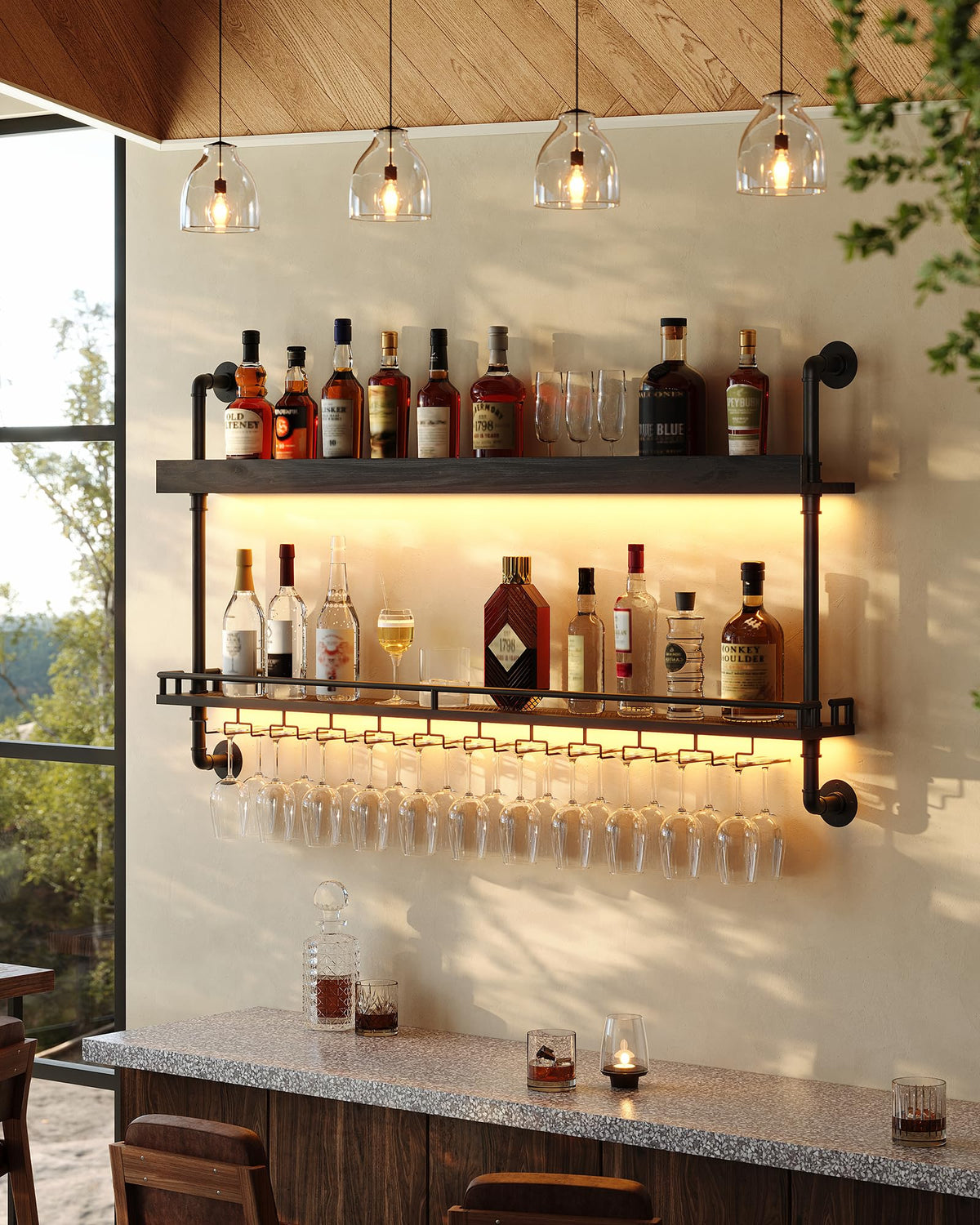 2-Tier Wall Mounted Wine Rack, Dimmable LED, Hanging Glass Rack, 48", Black