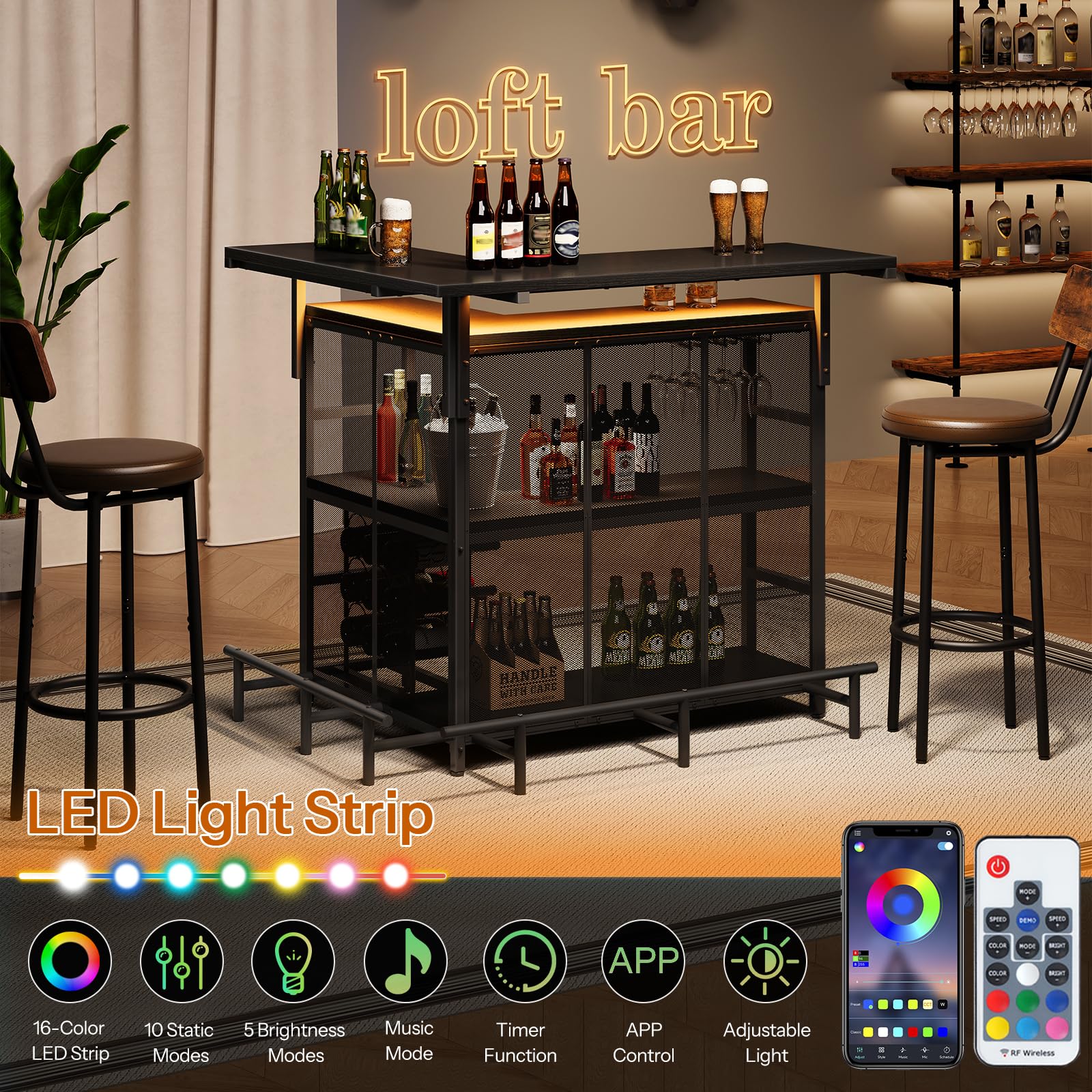 HOOBRO Home Bar Unit, L-Shaped Bar Table with Glasses Holder, and 4-Tier Shelves, Corner Mini Coffee Liquor Cabinet with Footrest,with LED Light APP Control for Home, Kitchen, Pub, Black BK129DBT01