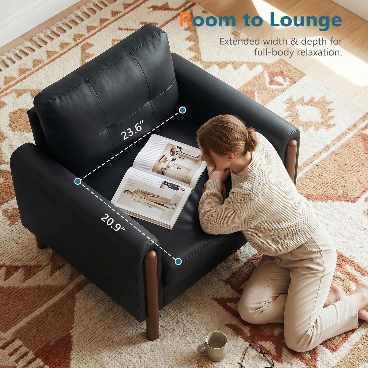 STHOUYN 35" Black Leather Oversized Accent Chair with Wood Armrests, Mid-Century Modern Tufted Living Room Chair, Comfy Reading Sofa Chair with Lumbar Support & Thick Cushion Waiting Room Office