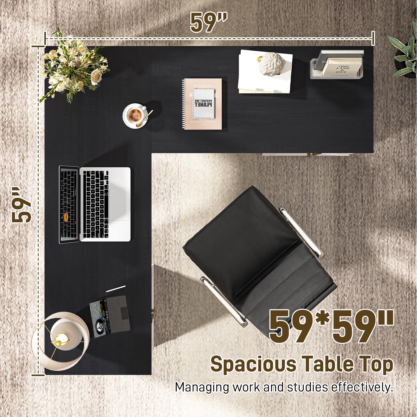 Vabches Farmhouse L Shaped Executive Desk with 6 Drawers, 59’’ Wood Home Office Desk with File Cabinet, Writing Corner Computer Desk for Home Office, Work, Study, White and Black