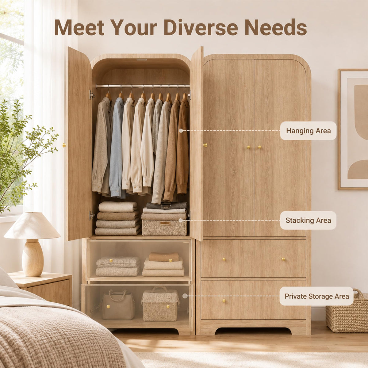 Seang Arched Armoire Wardrobe Closet,70" Wooden Wardrobe Cabinet with 2 Drawers,Hanging Rod,2 Doors Clothing Storage Cabinet for Bedroom,Gym,Cloak Room,Natural