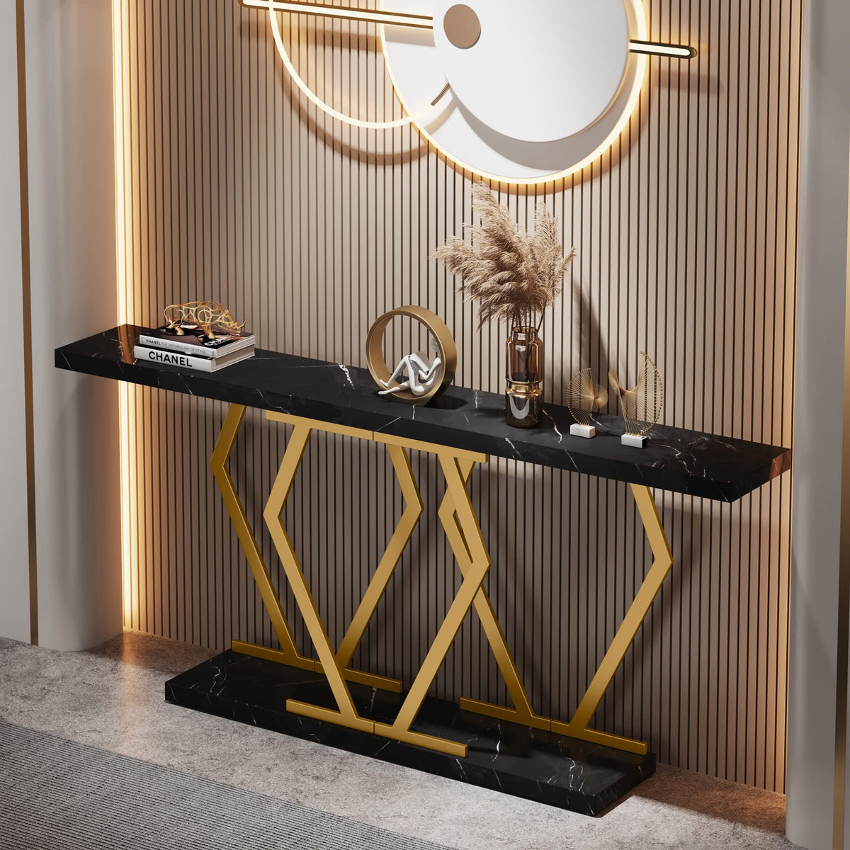 Black and Gold Faux Marble Console Table