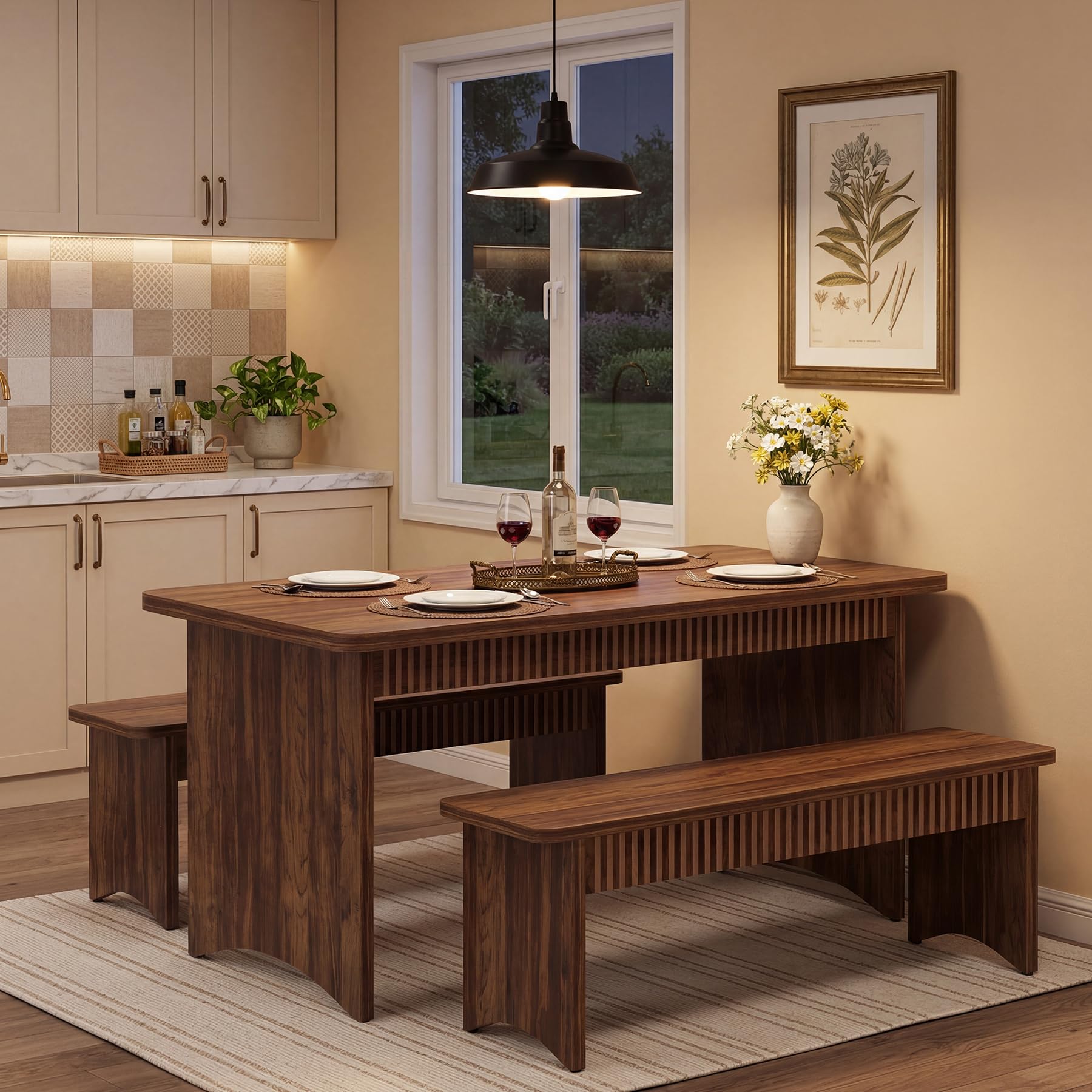 Farmhouse Dining Table Set with 2 Benches
