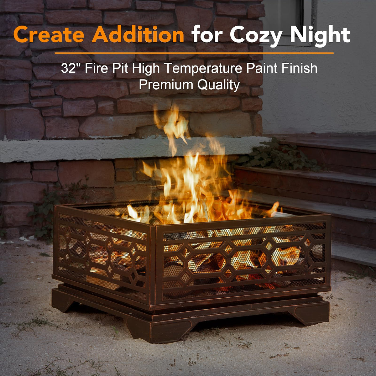 32 Inch Outdoor Fire Pit, Wood Burning Outside Fireplace with Mesh Cover