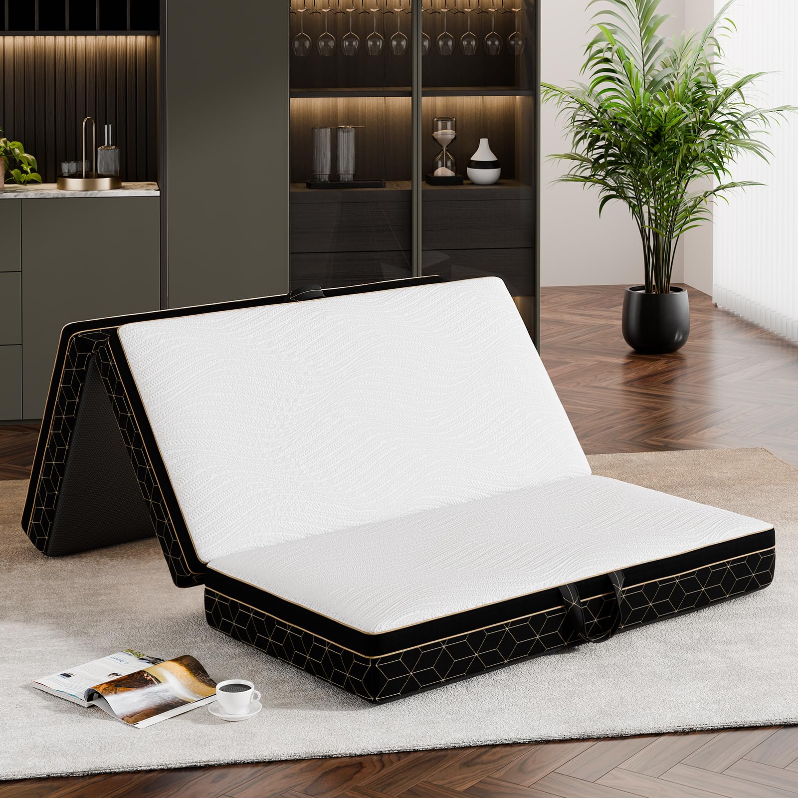 GEMBED Tri-Fold Memory Foam Mattress Queen - 5.9 Inch Portable Folding Mattress with Handle & Washable Cover, Floor Bed with Non-Slip Base, Space-Saving for Room, Travel, Guest Bed, RV, 78"x58"x5.9"