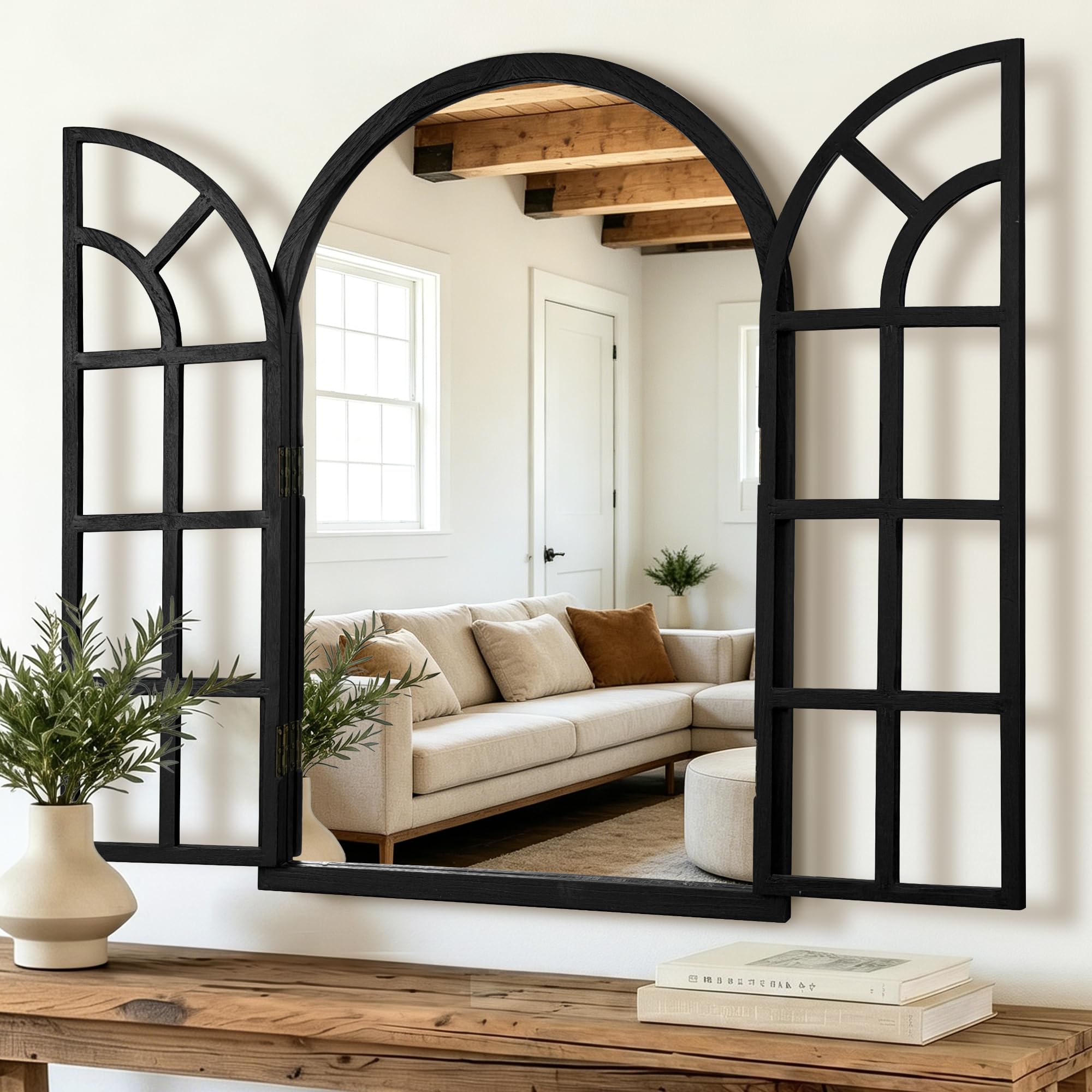 FICTOR Arched Wall Mirror with Openable Window, 28" x 40" Rustic Farmhouse Wood Framed Decorative Accent Mirror for Living Room, Bedroom, Entryway, Hallway, Fireplace, Black