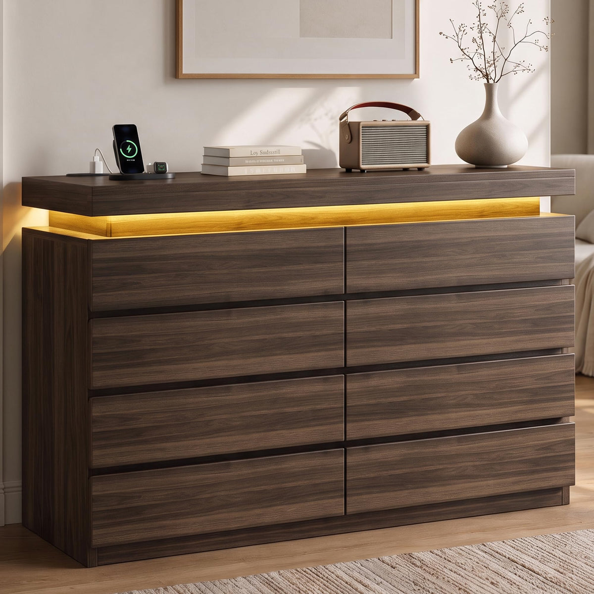 8 Drawer Dresser with LED Lights and Charging Station, Modern Brown Dresser