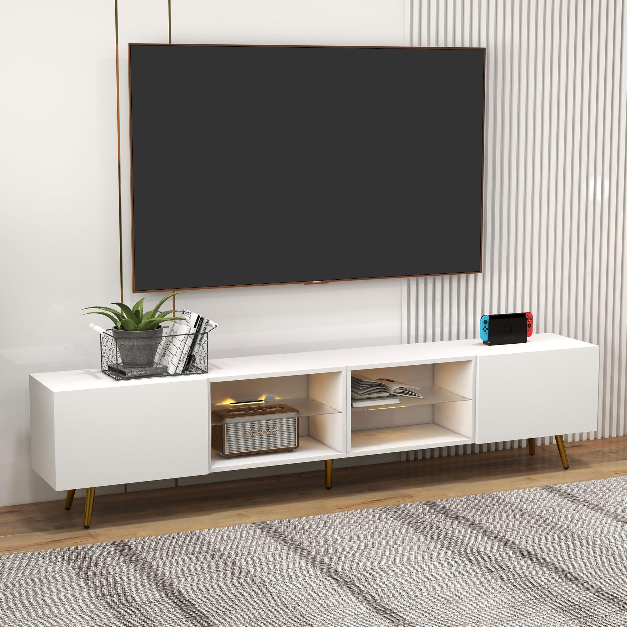 Bonzy Home 86" LED TV Stand, Modern Entertainment Center up to 75" 80" 85" TV, Television Console Table with Storage Cabinets for Living Room, White