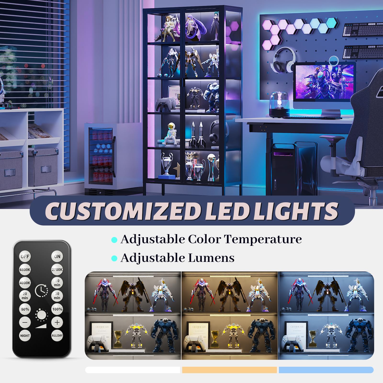 5-Tier Glass Display Cabinet with LED Sensor Lights & Adjustable Shelves
