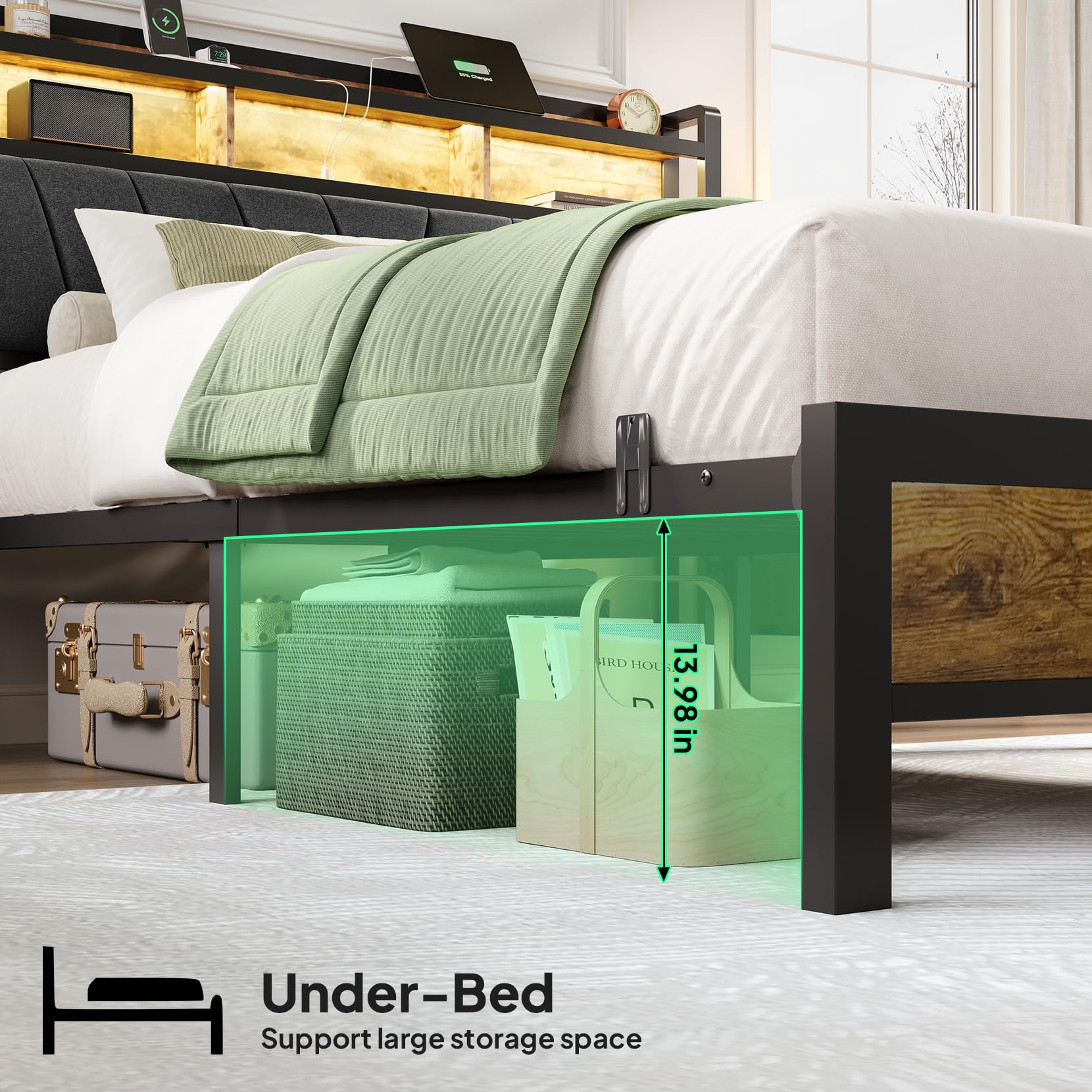 Platform Bed Frame with Storage Headboard, RGB LED Lights & Charging Station