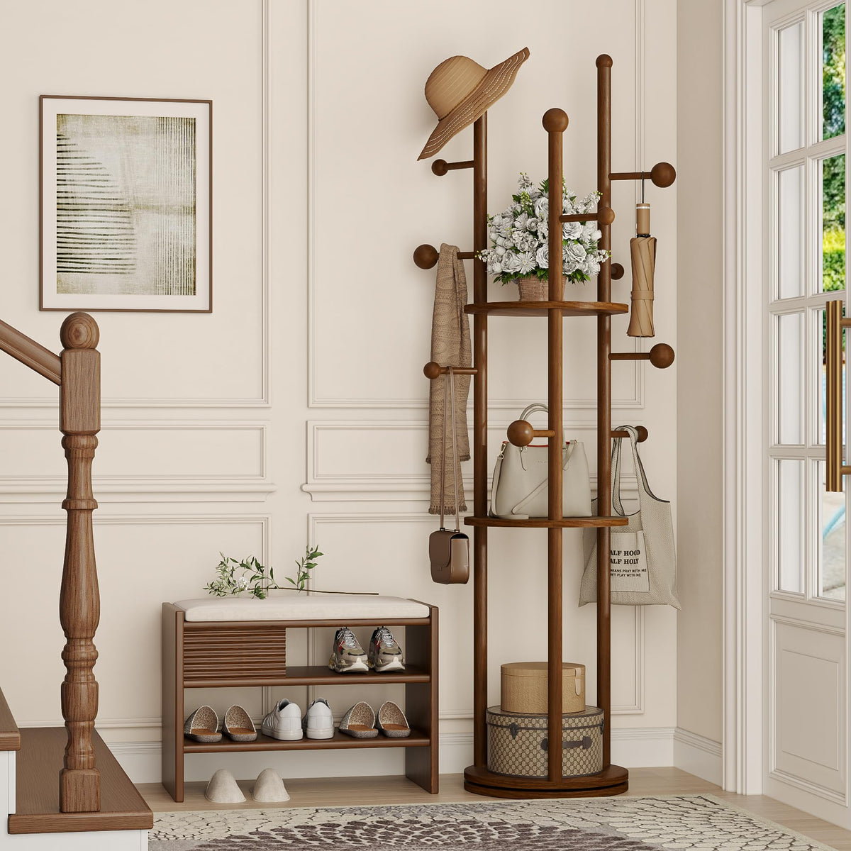 Rotating Wood Coat Rack with Shelves
